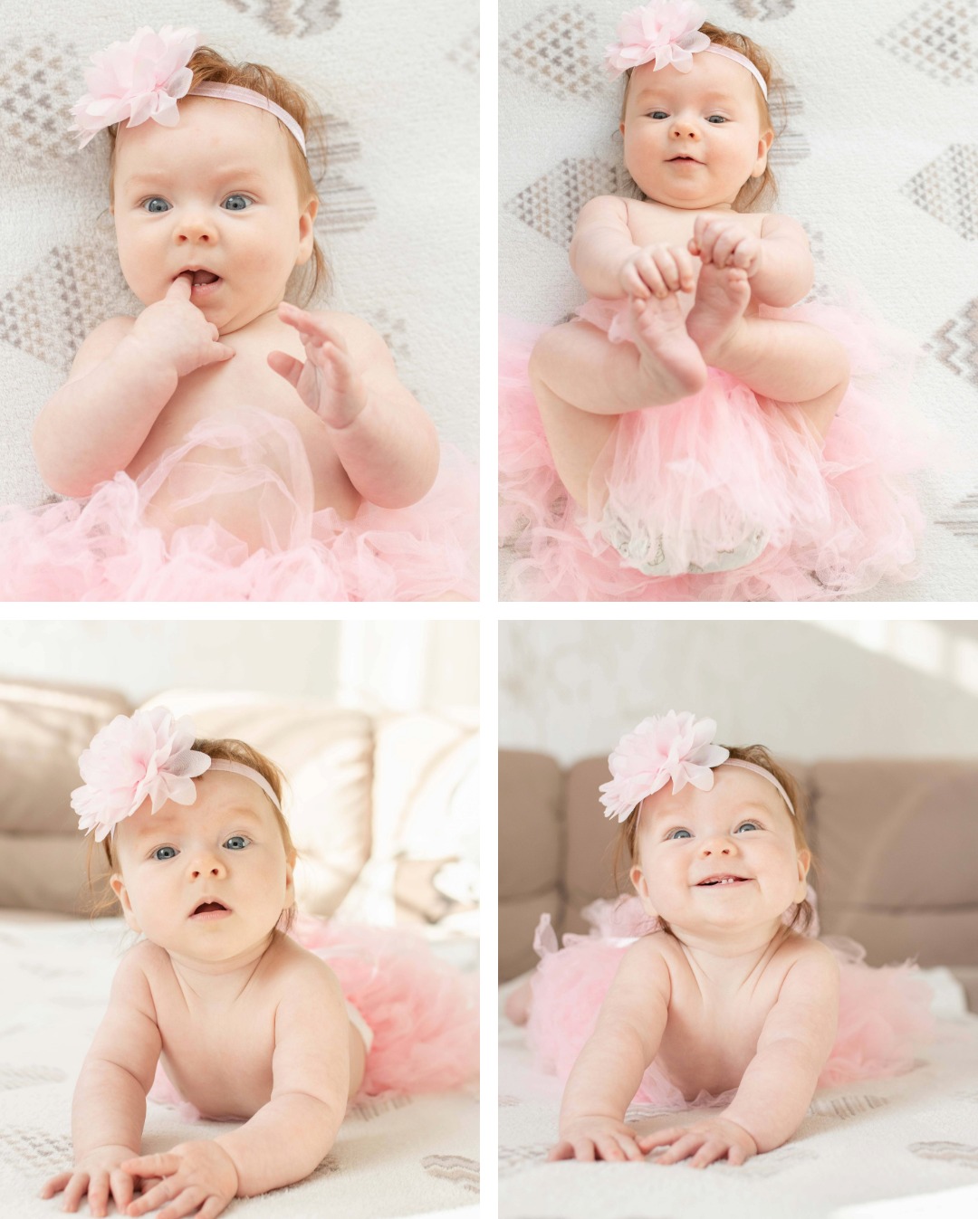 Kolaż czterech ujęć niemowlęcia w różowej tiulowej spódniczce i opasce z kwiatem, na różnych tłach i w różnych pozach, z uśmiechem i zaciekawieniem.