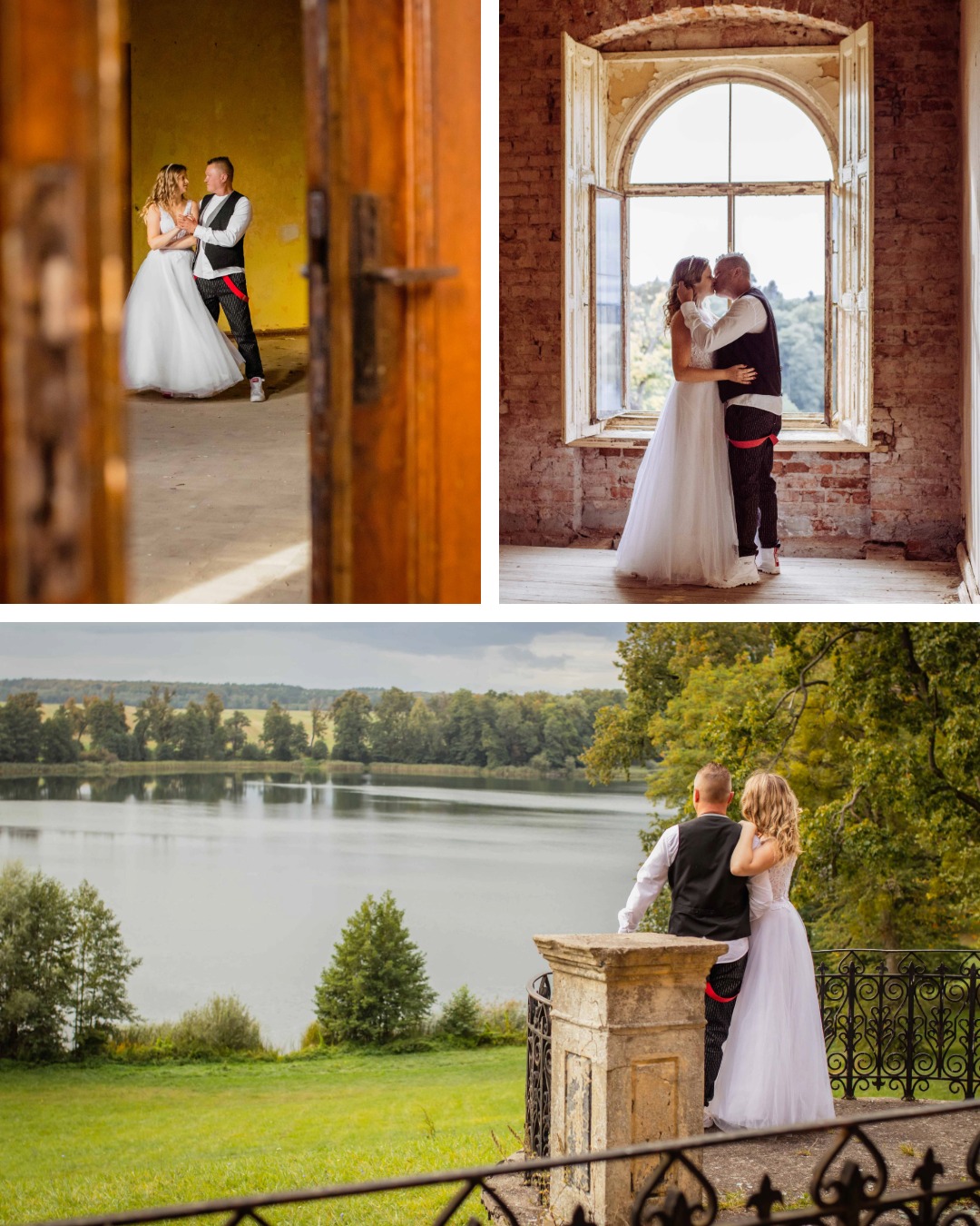 Kolaż z trzech ujęć pary młodej: taniec w sali, pocałunek przy oknie w ceglanym wnętrzu i widok na jezioro z balkonu. Nietypowe, swobodne stroje.
