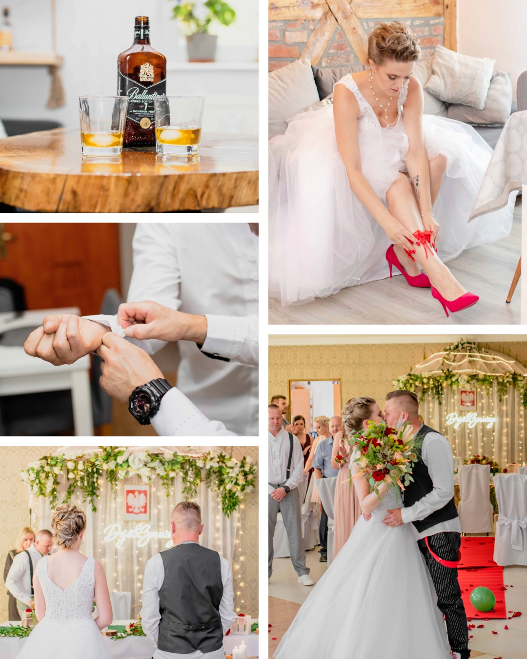 Kolaż z przygotowań do ślubu: toast whisky, zakładanie podwiązki, zapinanie mankietów, para młoda przed ołtarzem i podczas pocałunku.