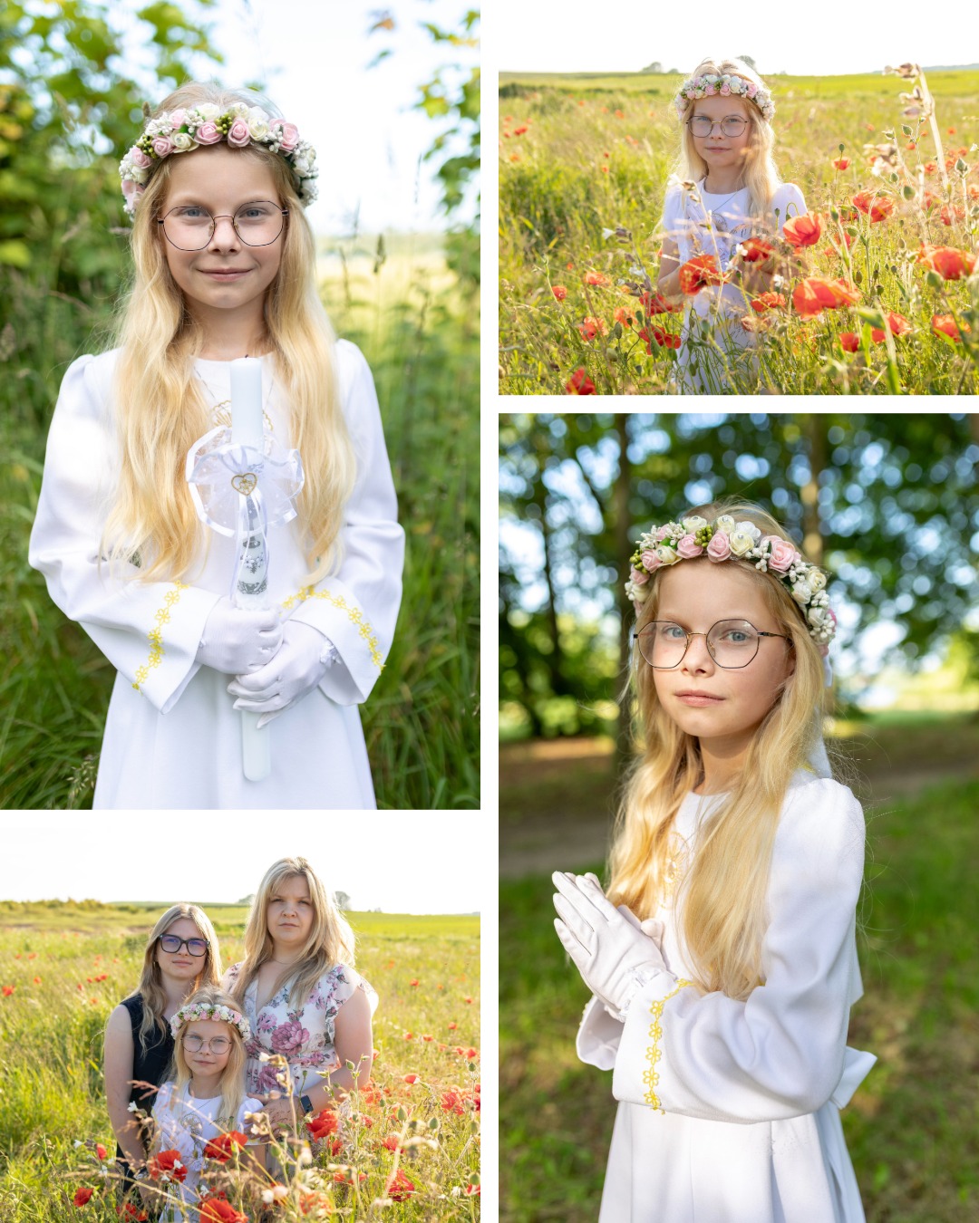 Dziewczynka w białej sukience komunijnej, z wiankiem i świecą, na tle zieleni i pola maków. Ujęcie z bliska, portretowe i grupowe w plenerze.