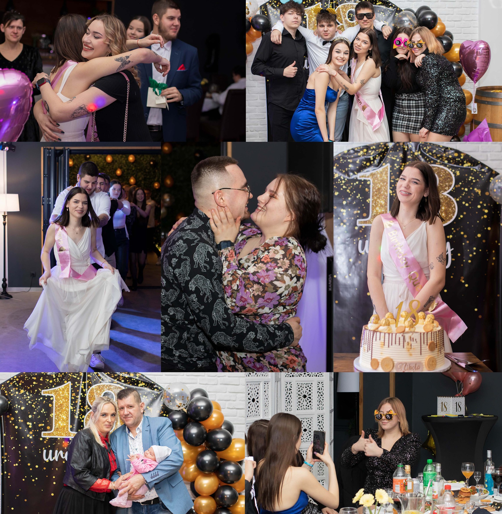 Kolaż z osiemnastki: uśmiechnięci goście, tort z napisem, zdjęcia z imprezy na tle dekoracji z balonów i napisu '18'.