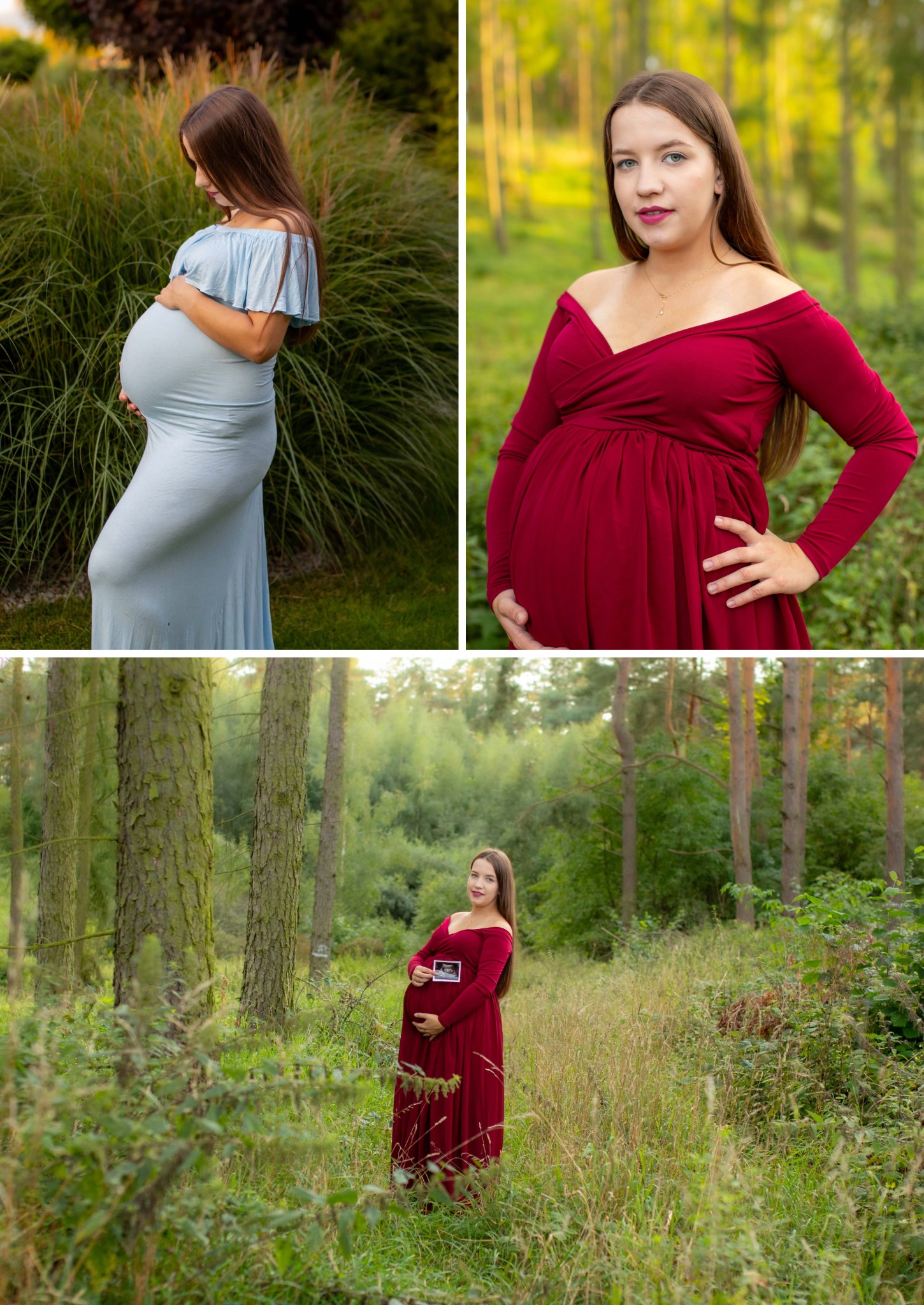 Kolaż: Kobieta w ciąży w plenerze. Ujęcie z profilu w błękitnej sukni, portret w czerwonej sukni i w lesie trzymająca USG. Naturalne światło, zielone tło.