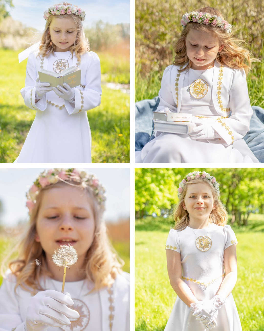 Mozaika zdjęć dziewczynki w białej sukience komunijnej z wiankiem, czytającej książkę i dmuchającej na dmuchawca na tle zielonej łąki.