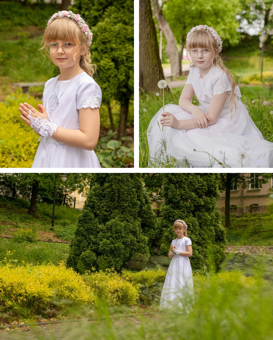 Portrety dziewczynki w białej sukience komunijnej z wiankiem i koronkowymi rękawiczkami w plenerze, na tle zieleni parku.
