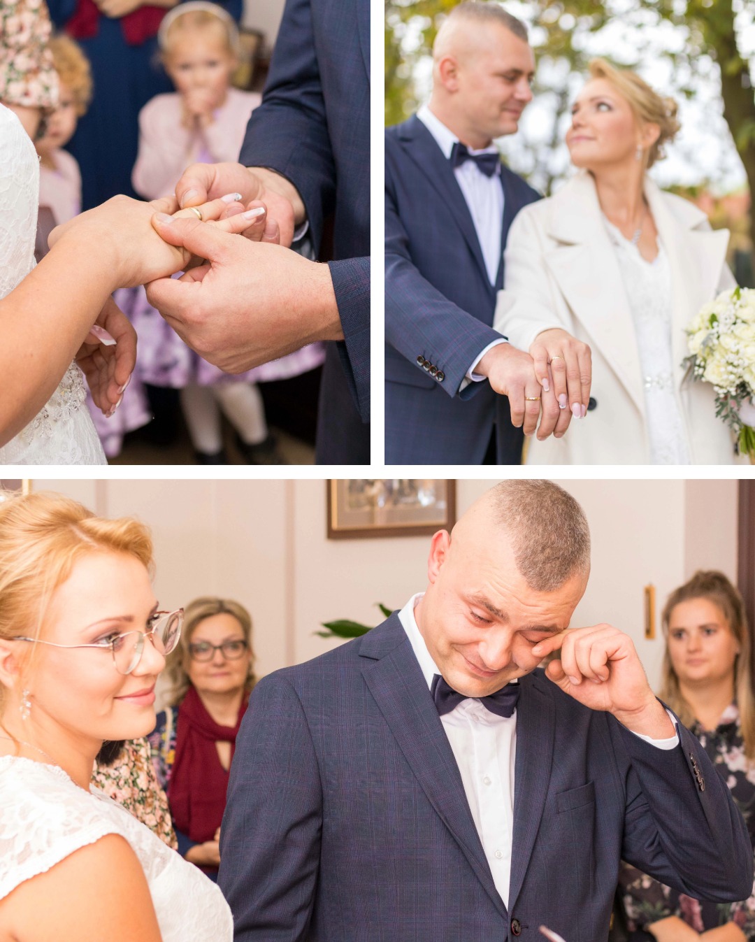 Kolaż z uroczystości ślubnej: zbliżenie na dłonie podczas zakładania obrączki, para młoda z bukietem, wzruszony pan młody ocierający łzę.