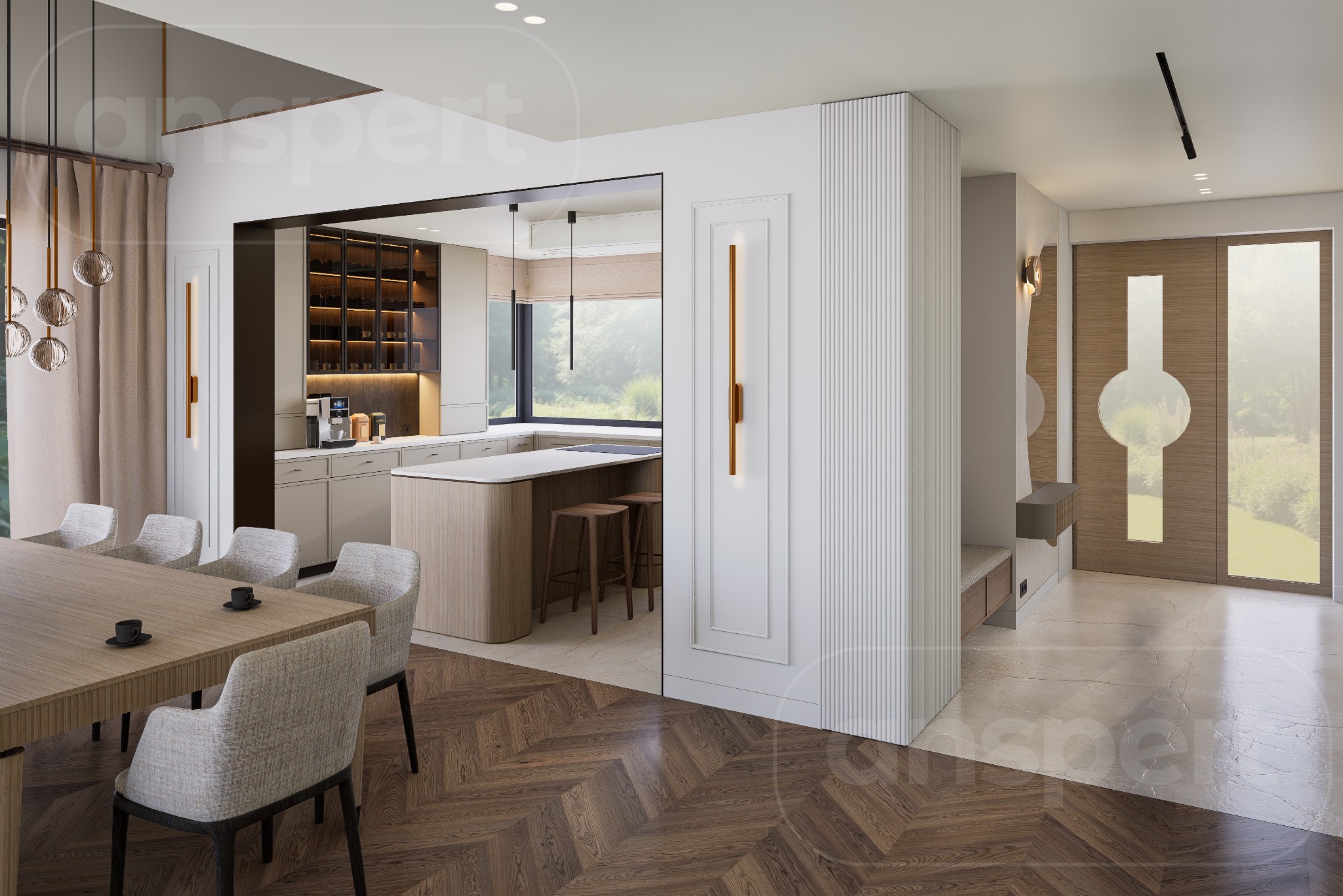 Wnętrze domu: parkiet w jodełkę, stół z krzesłami, widok na kuchnię z wyspą i hokery, dekoracyjna ściana z oświetleniem, wejście z siedziskiem.