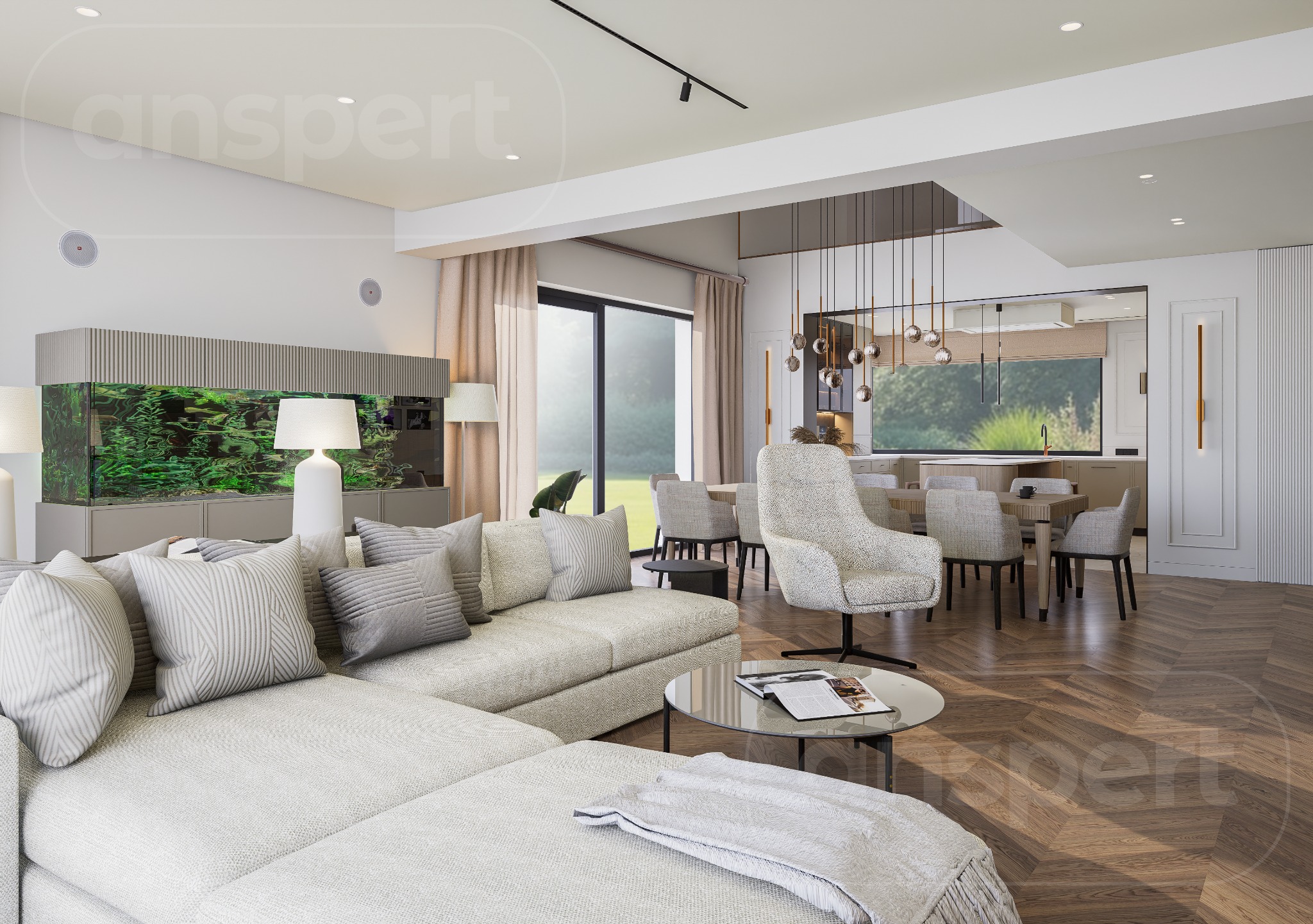 Elegancki salon z narożnikiem w odcieniach beżu, akwarium i parkietem w jodełkę. Widok na jadalnię i ogród przez duże okno. Nowoczesne oświetlenie.
