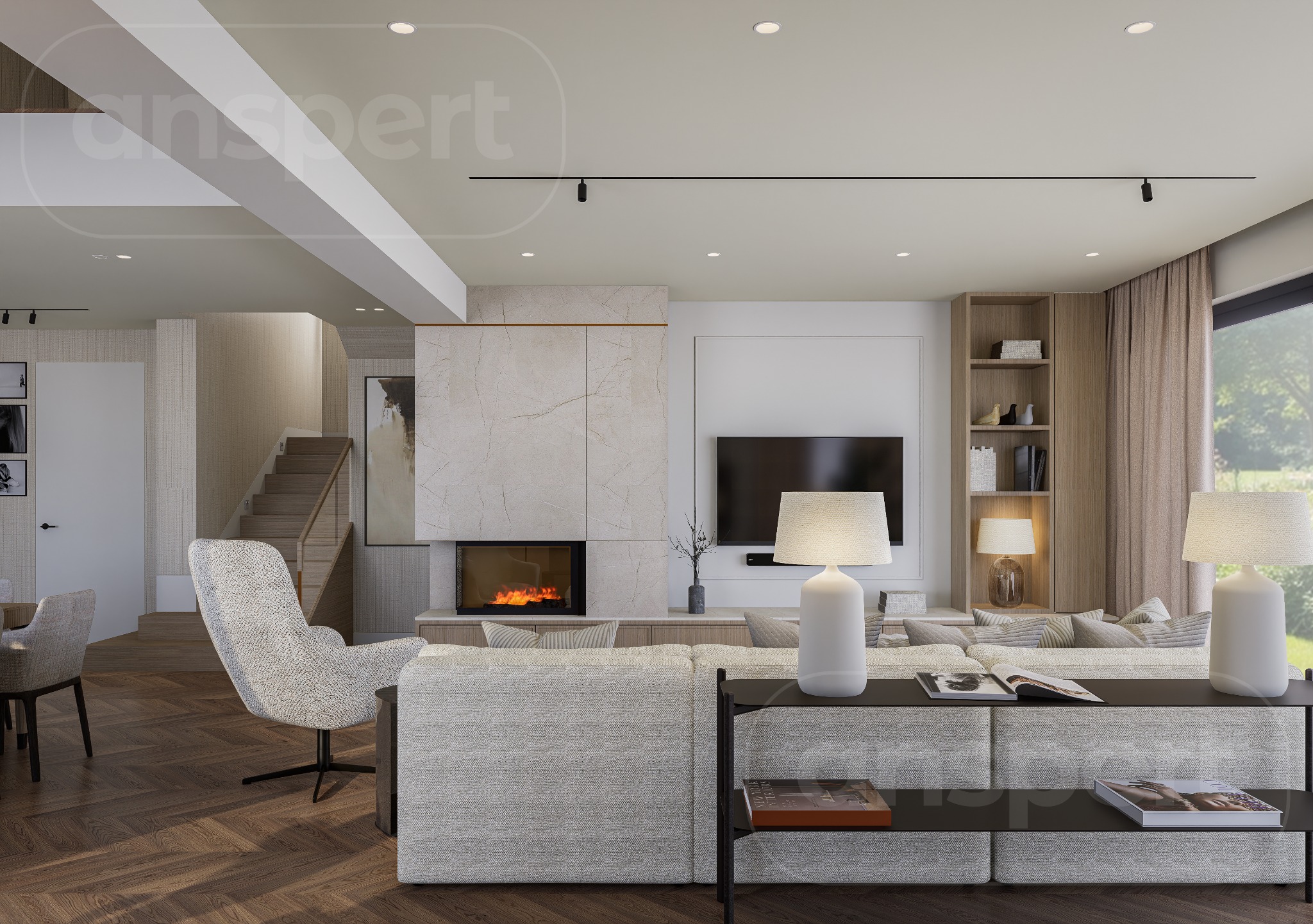 Nowoczesny salon z marmurowym kominkiem, drewnianą podłogą w jodełkę i jasnymi meblami. Widoczne schody i okno z widokiem na zieleń. Minimalistyczne lampy stołowe.