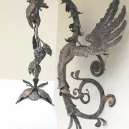 Kuta, metalowa lampa ścienna w kształcie fantazyjnego ptaka z liśćmi, zakończona kulistym, białym kloszem.