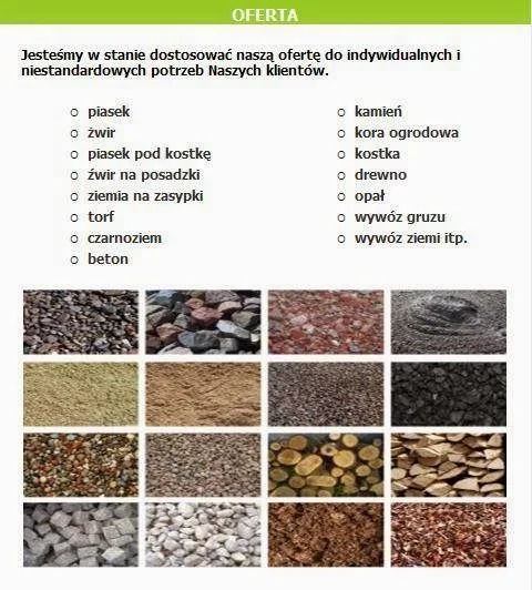 Oferta materiałów budowlanych i ogrodniczych: piasek, żwir, kamień, kora, kostka, drewno, opał, ziemia i beton prezentowane w formie miniaturek.
