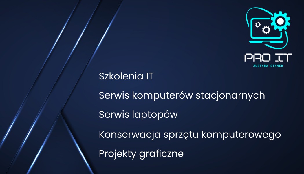 Grafika z ofertą usług IT: szkolenia, serwis komputerów, konserwacja sprzętu i projekty graficzne, logo Pro IT w prawym górnym rogu na ciemnoniebieskim tle z geometrycznymi zdobieniami.