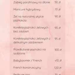 Cennik usług stylizacji paznokci, zawierający zabiegi manicure, pedicure, przedłużanie paznokci i korektę żelem, z podanymi cenami.