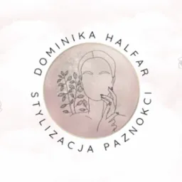 Minimalistyczny okrągły znak firmowy z konturem twarzy, dłoni i roślin w odcieniach różu, otoczony napisem 'Dominika Halfar Stylizacja Paznokci' na tle akwarelowych kwiatów.