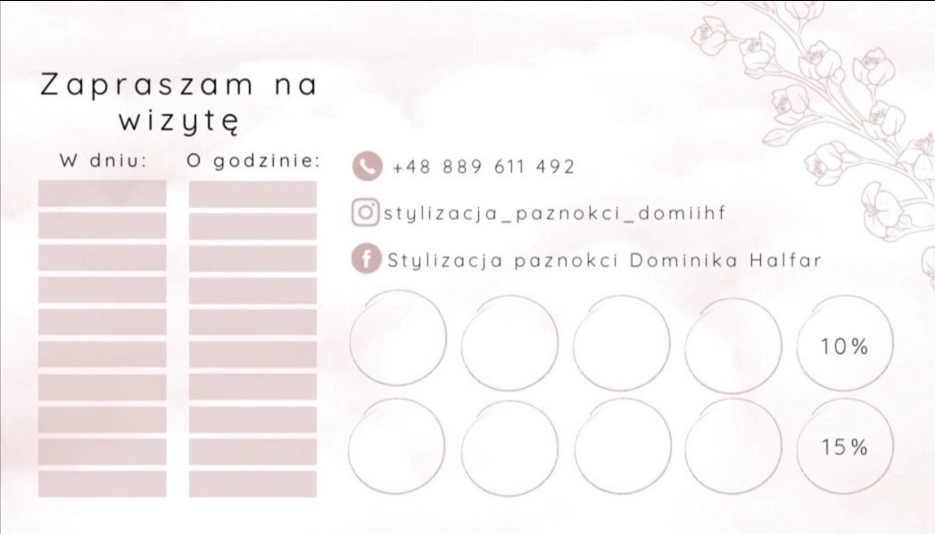 Karta rabatowa z miejscem na daty i godziny wizyt, dane kontaktowe (numer telefonu, nazwa profilu na Instagramie i Facebooku) oraz informacją o rabatach 10% i 15%, delikatne kwiatowe tło.