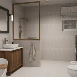 Elegancka łazienka z drewnianą szafką pod umywalką, złotą armaturą, kabiną prysznicową ze złotą ramą, szarą roletą rzymską i czarnym regałem na ręczniki.