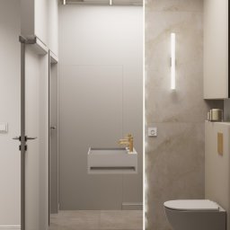 EMILIA MATYJASZCZYK ARCHITEKT WNĘTRZ - Wizualizacja nowoczesnej łazienki w neutralnych barwach z elementami złota: podwieszana umywalka z baterią, toaleta, marmurowe płytki, oświetlenie LED, drzwi z elementami szkła.