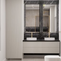 EMILIA MATYJASZCZYK ARCHITEKT WNĘTRZ - Wizualizacja łazienki z dwoma umywalkami nablatowymi, złotymi bateriami, szafką z frezowanymi frontami i lustrami w czarnych, marmurowych ramach z podświetleniem LED.