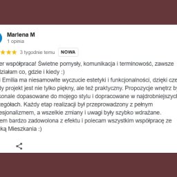 EMILIA MATYJASZCZYK ARCHITEKT WNĘTRZ - Zrzut ekranu pozytywnej opinii klientki Marlena M dotyczącej współpracy z firmą Sztuka Mieszkania, podkreślającej świetną komunikację, terminowość i wyczucie estetyki projektantki Emilii.