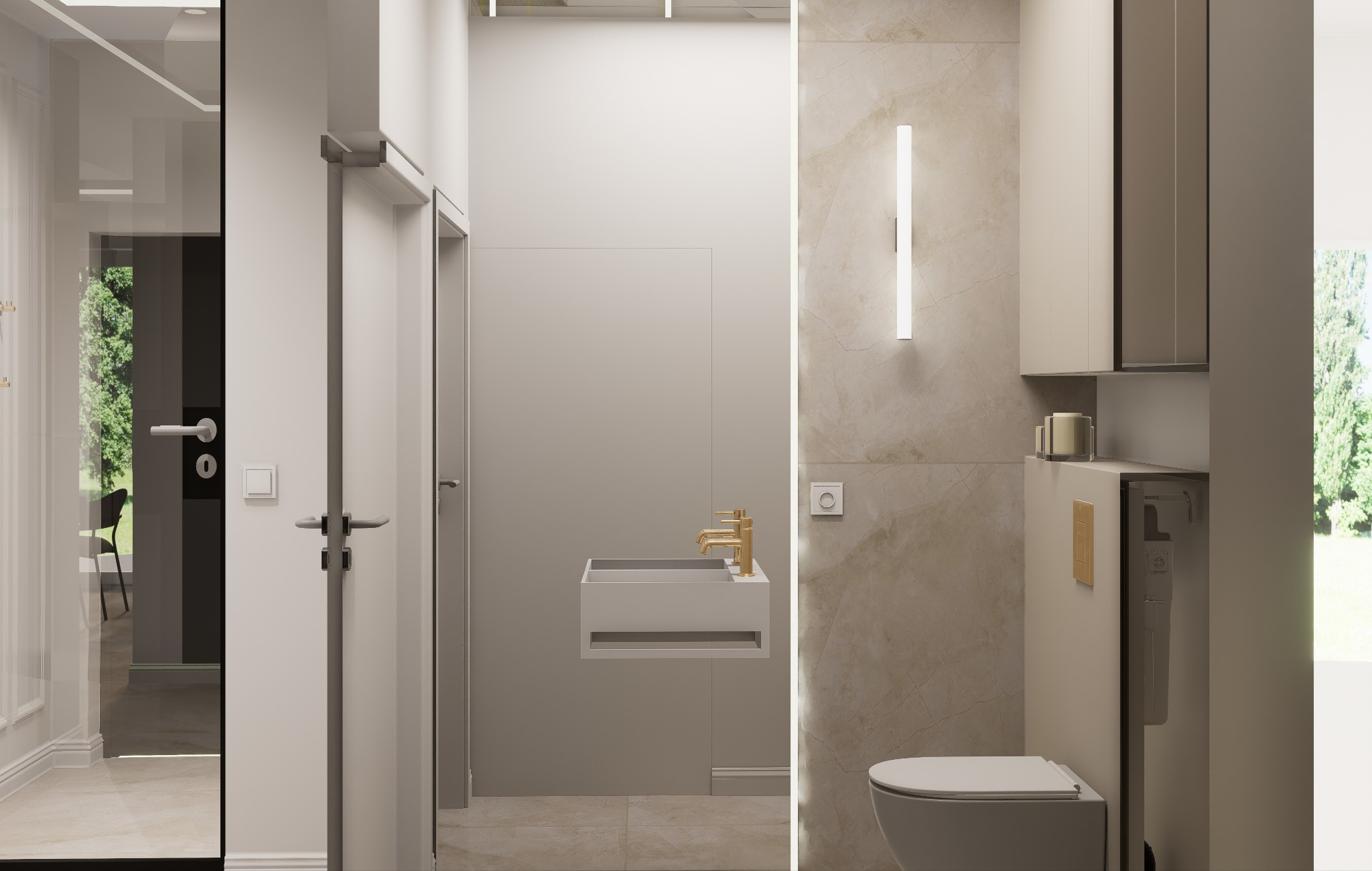 Wizualizacja nowoczesnej łazienki w neutralnych barwach z elementami złota: podwieszana umywalka z baterią, toaleta, marmurowe płytki, oświetlenie LED, drzwi z elementami szkła.