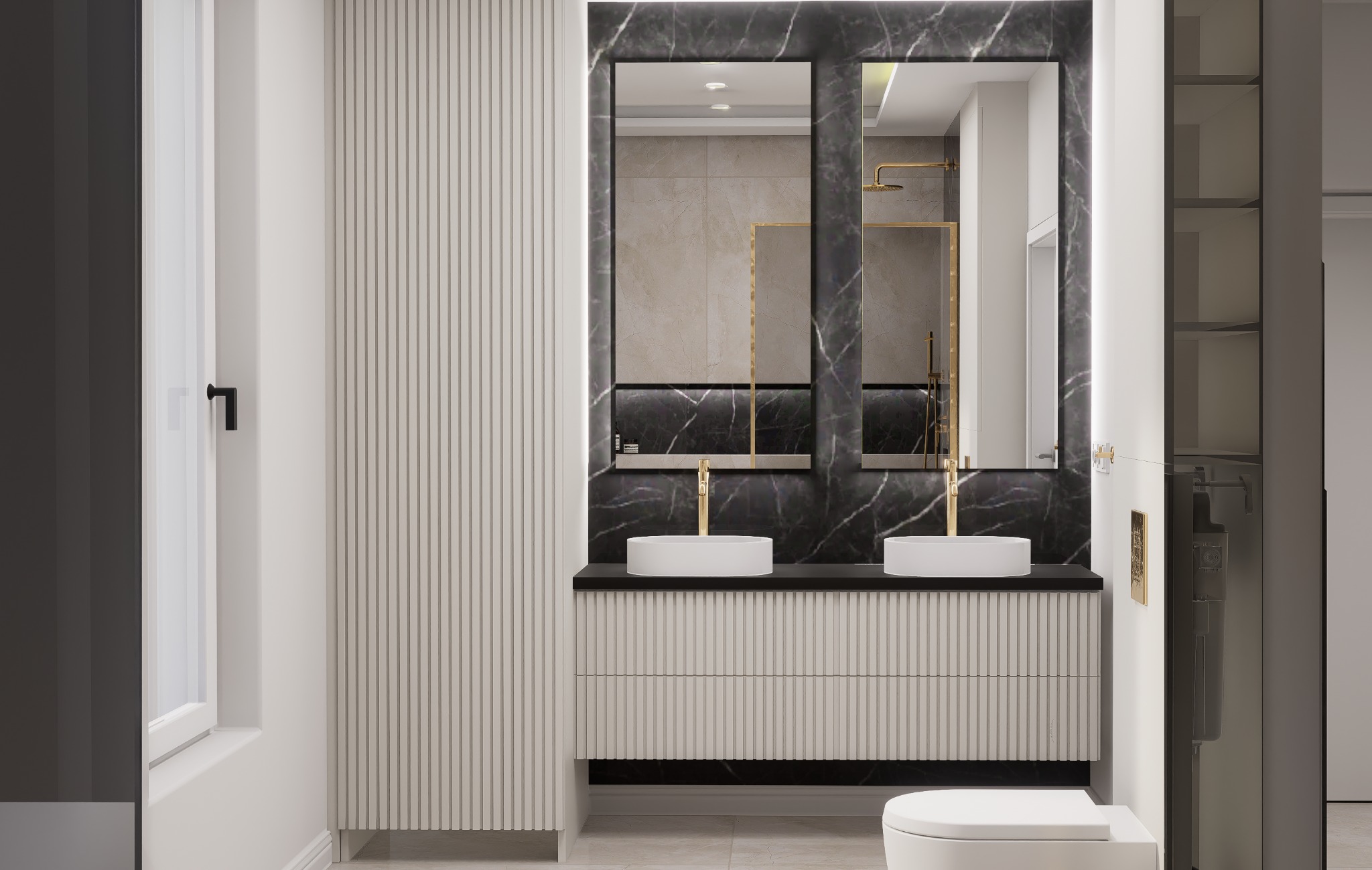 Wizualizacja łazienki z dwoma umywalkami nablatowymi, złotymi bateriami, szafką z frezowanymi frontami i lustrami w czarnych, marmurowych ramach z podświetleniem LED.