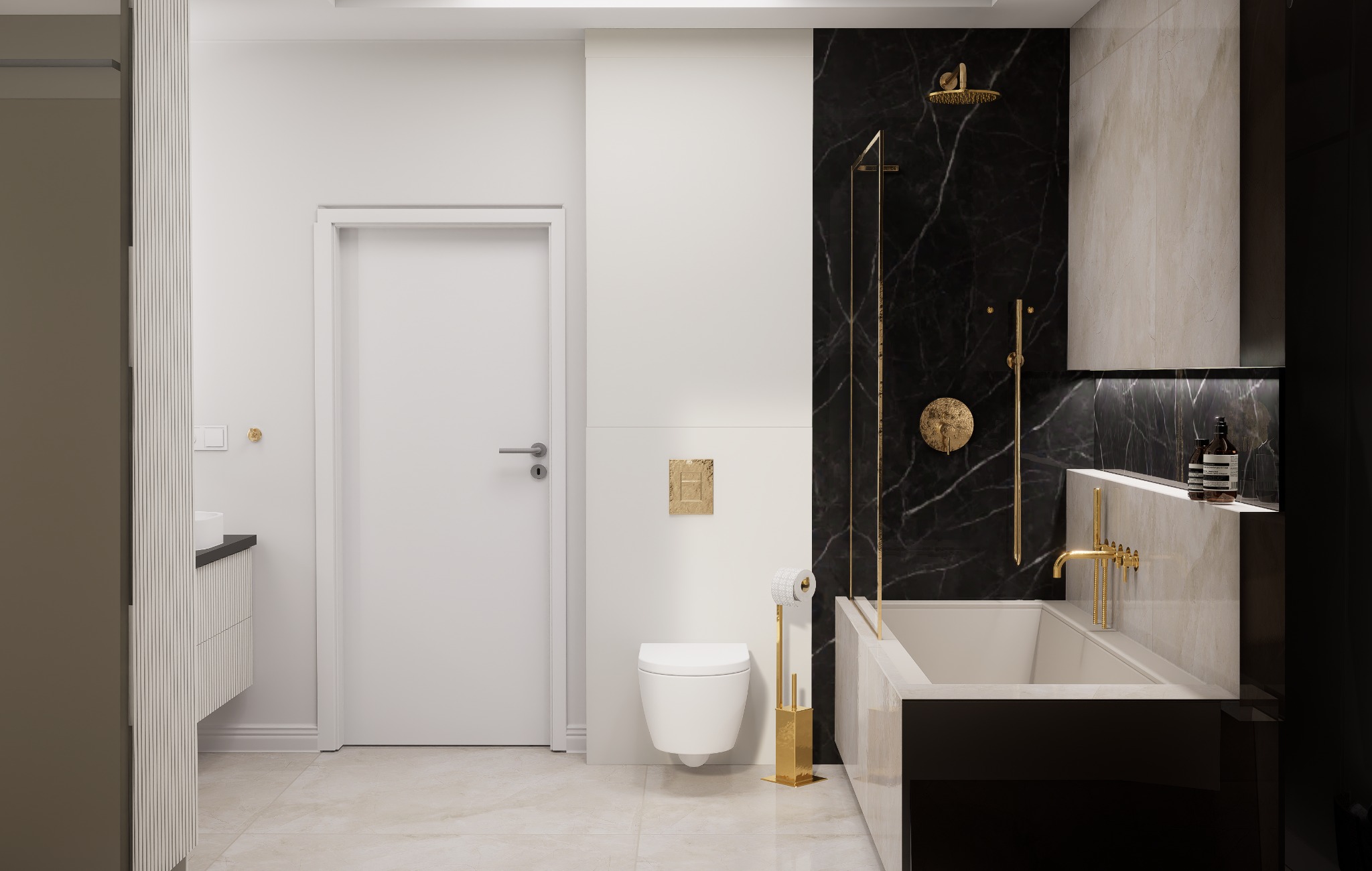 Elegancka łazienka z czarnym marmurem, złotymi akcentami i minimalistyczną toaletą podwieszaną