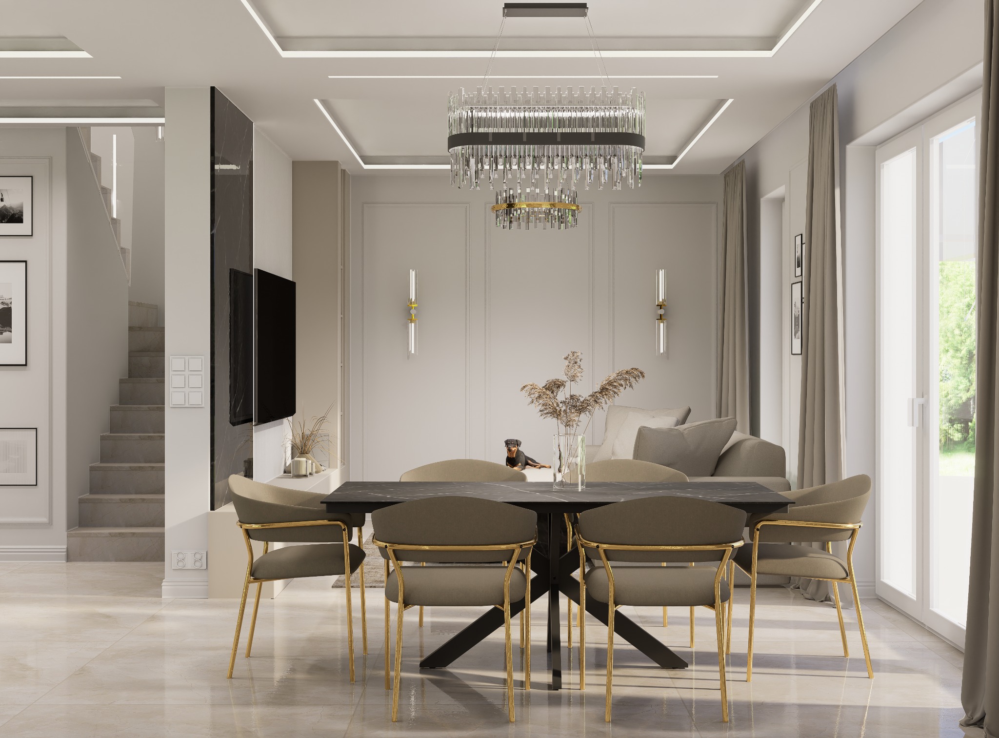 Elegancka jadalnia z czarnym stołem, krzesłami z złotymi nogami, kryształowym żyrandolem i psem rasy doberman leżącym na stole, widok na schody i salon w tle.