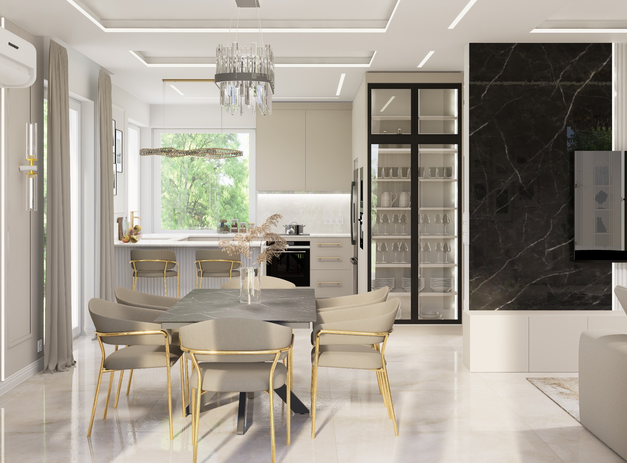 Nowoczesna jadalnia z marmurowym stołem, krzesłami z złotymi nogami, kryształowym żyrandolem i widokiem na zieleń za oknem, uzupełniona zabudową kuchenną z czarnym marmurowym akcentem.