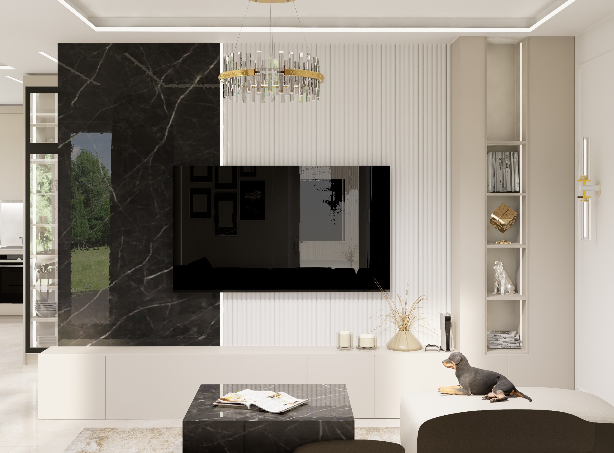 Salon w jasnych barwach z marmurową ścianą za telewizorem, kryształowym żyrandolem i rzeźbą psa na pufie