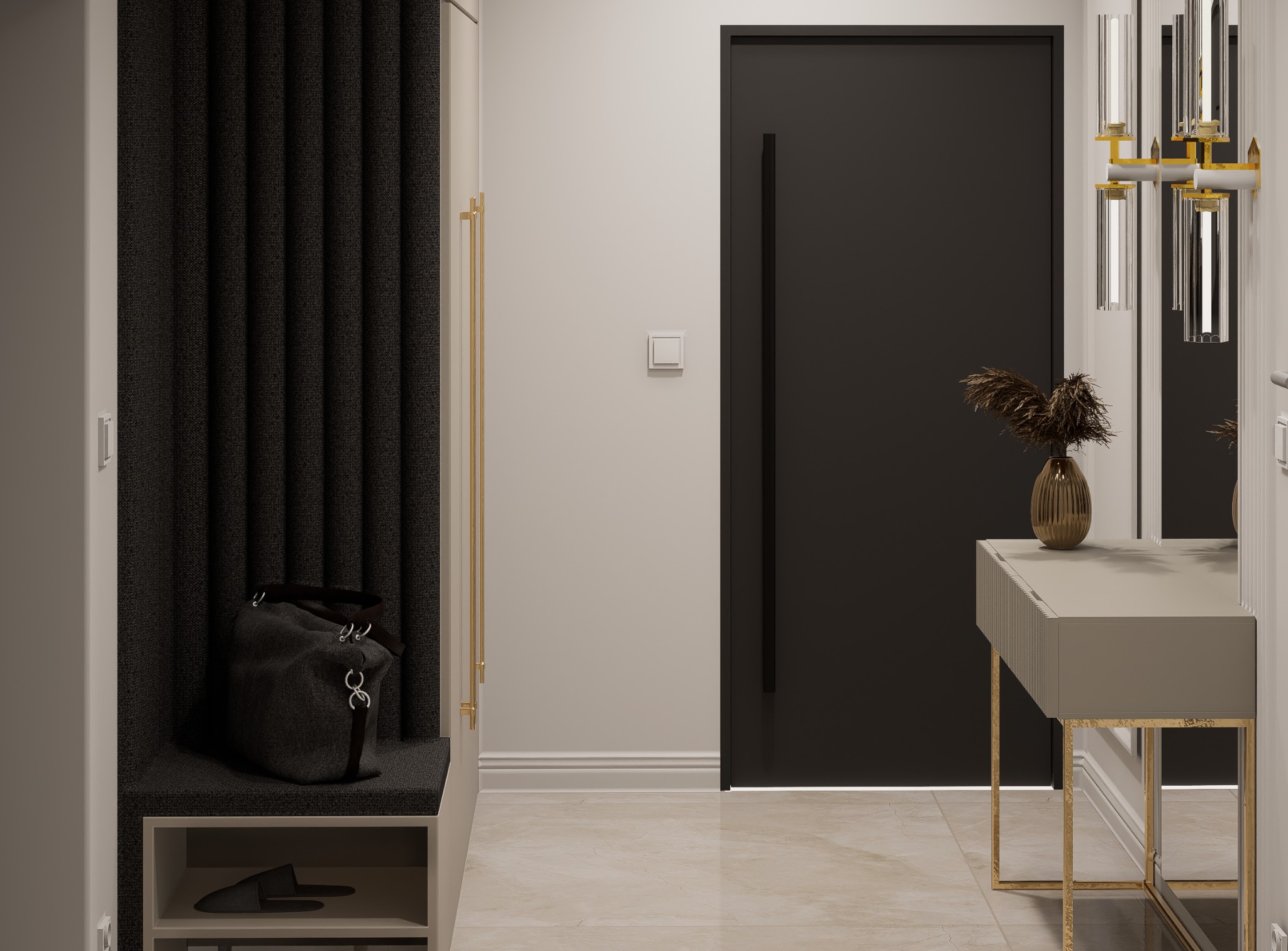 Nowoczesny przedpokój z czarnymi akcentami: drzwi, tapicerka siedziska i torba podróżna. Konsola z wazonem i designerska lampa wisząca.