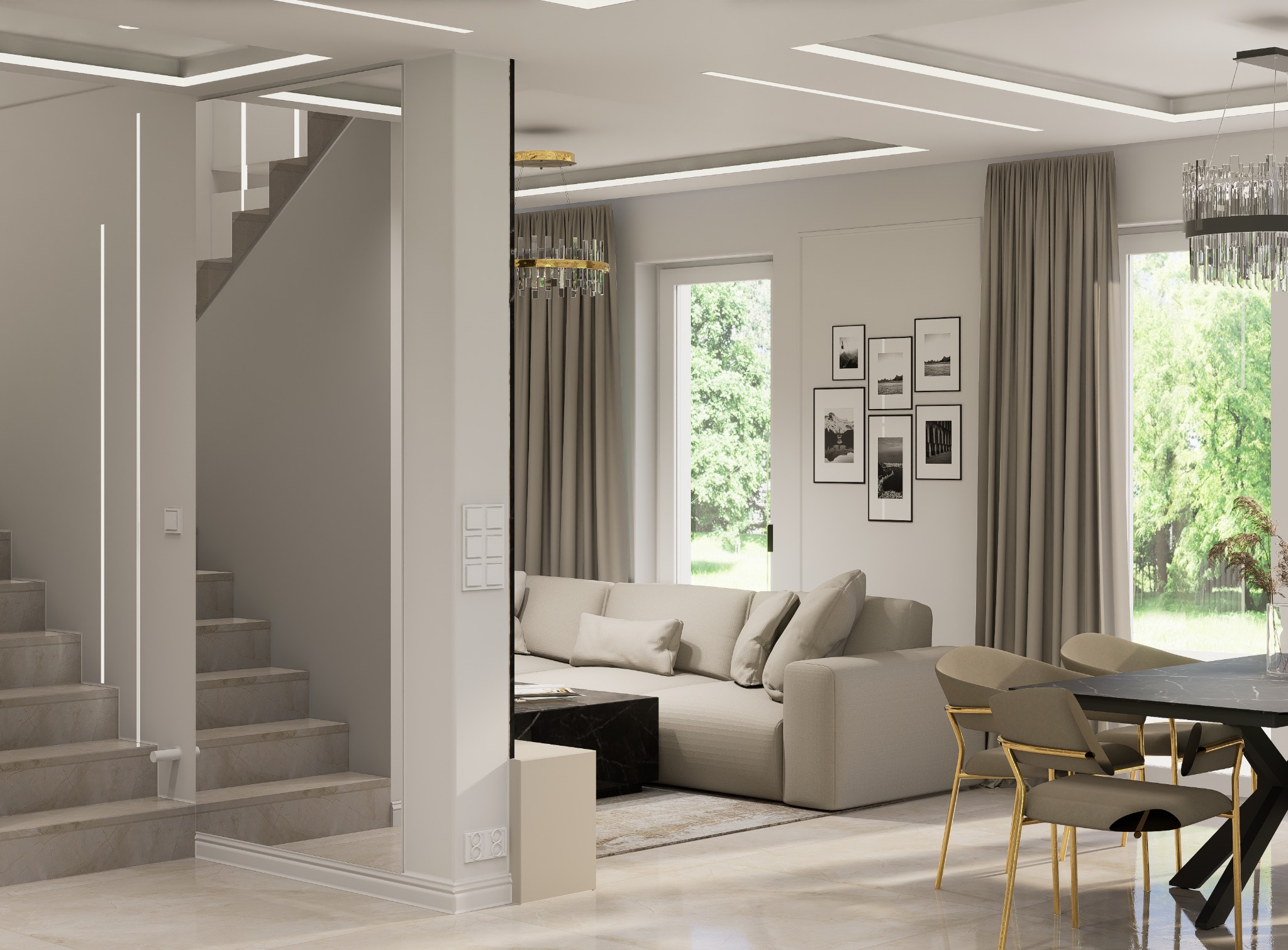 Jasne wnętrze salonu z marmurową podłogą, beżową sofą, czarnym stolikiem kawowym i schodami z oświetleniem LED, doświetlone naturalnym światłem zza okna z zasłonami.