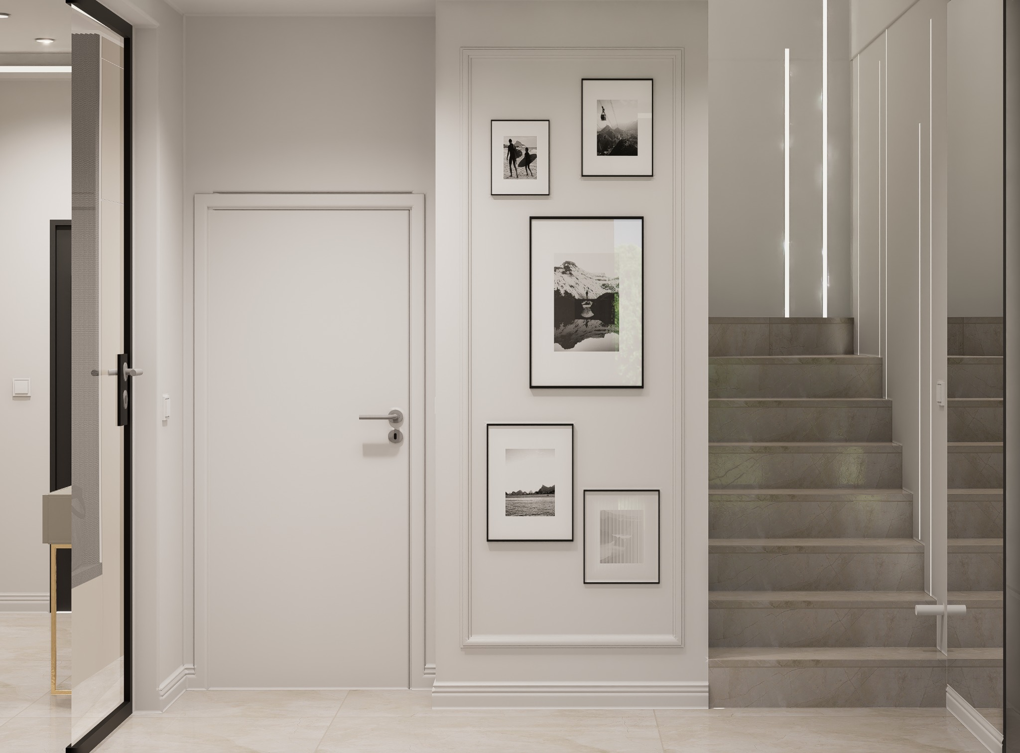 Korytarz w jasnych barwach z białymi drzwiami i schodami wykończonymi marmurkową płytką, ściana udekorowana galerią czarno-białych fotografii w ramkach.