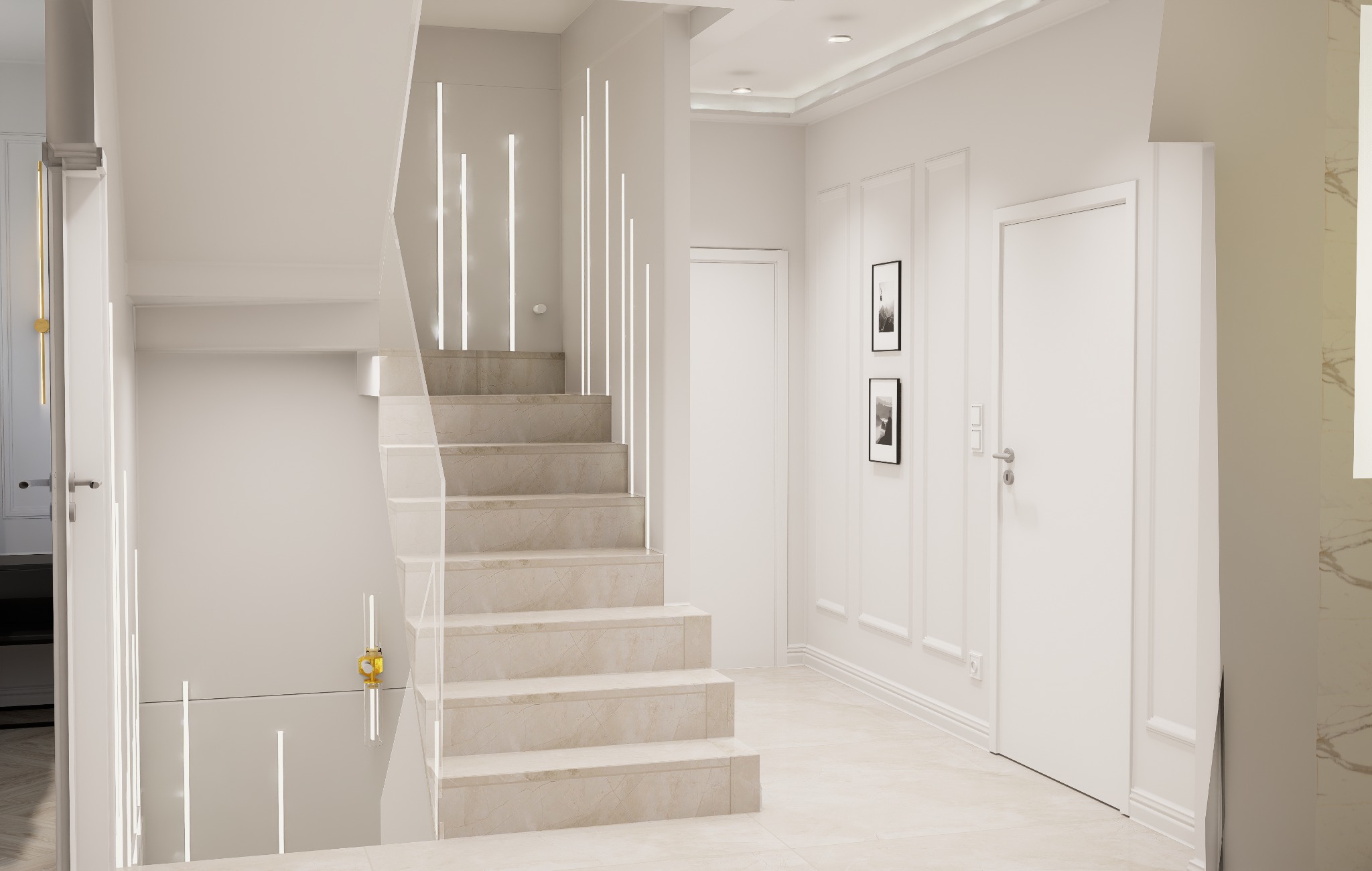Nowoczesne schody z marmurowymi stopniami i szklaną balustradą, oświetlone pionowymi lampami LED w białym wnętrzu z minimalistycznymi drzwiami i obrazami.