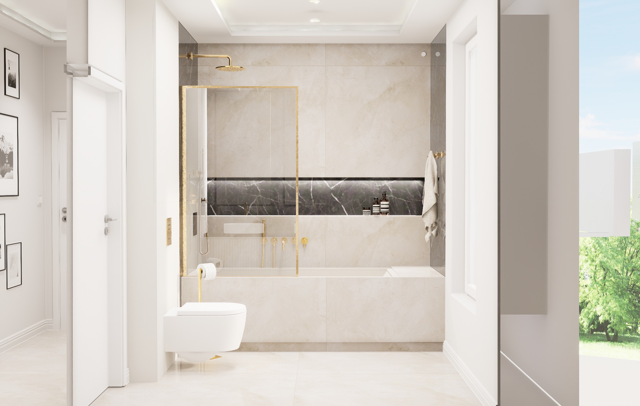 Elegancka łazienka w jasnych beżach z złotymi akcentami, kabina prysznicowa typu walk-in, podwieszana toaleta, marmurowa ściana z półką i kosmetykami, widok na zieleń przez okno.
