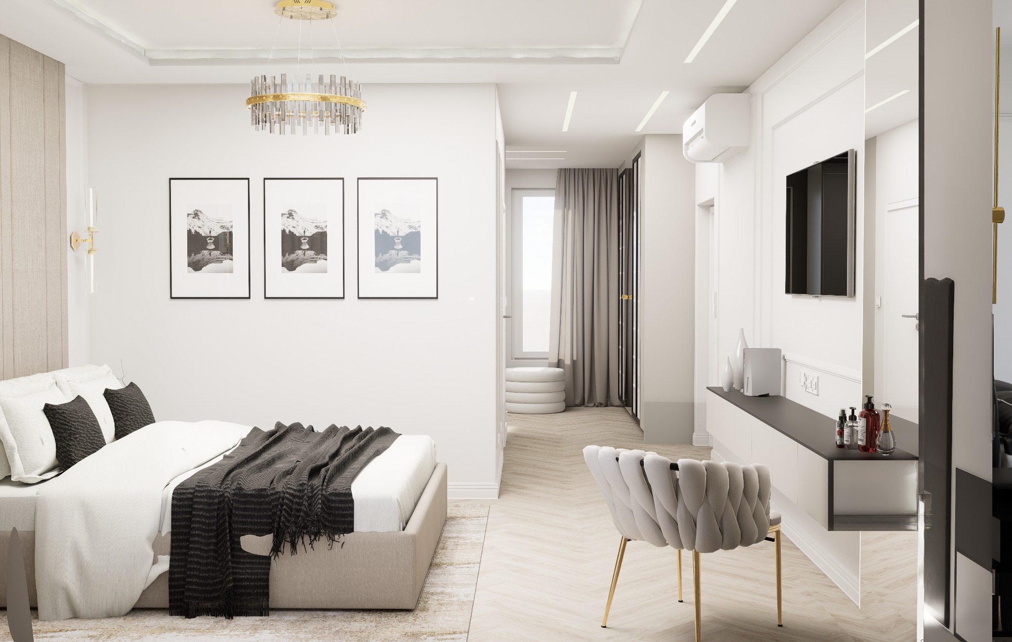 Nowoczesna sypialnia z łóżkiem kontynentalnym, szarą narzutą, trzema obrazami w czarnych ramkach nad wezgłowiem, złotym żyrandolem i krzesłem z welurowym obiciem na złotych nogach, widoczny...