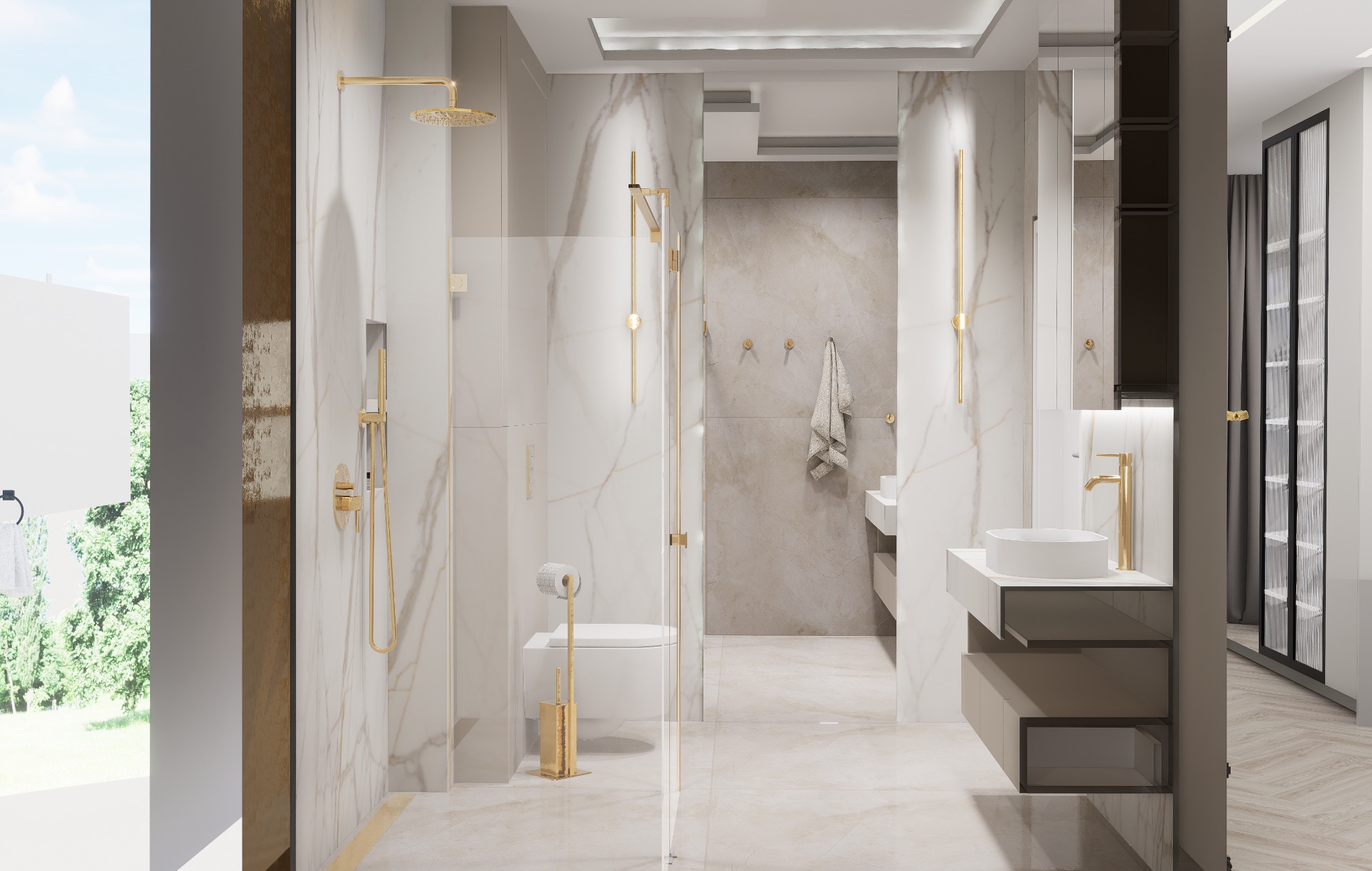 Elegancka łazienka z marmurowymi ścianami, złotą armaturą i kabiną prysznicową typu walk-in, oświetlona subtelnym światłem.