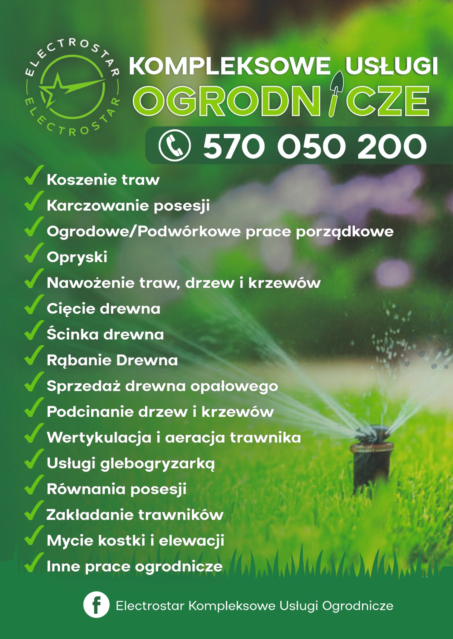 Grafika reklamowa firmy ogrodniczej Electrostar z logo i listą oferowanych usług, w tle zraszacz trawnika.