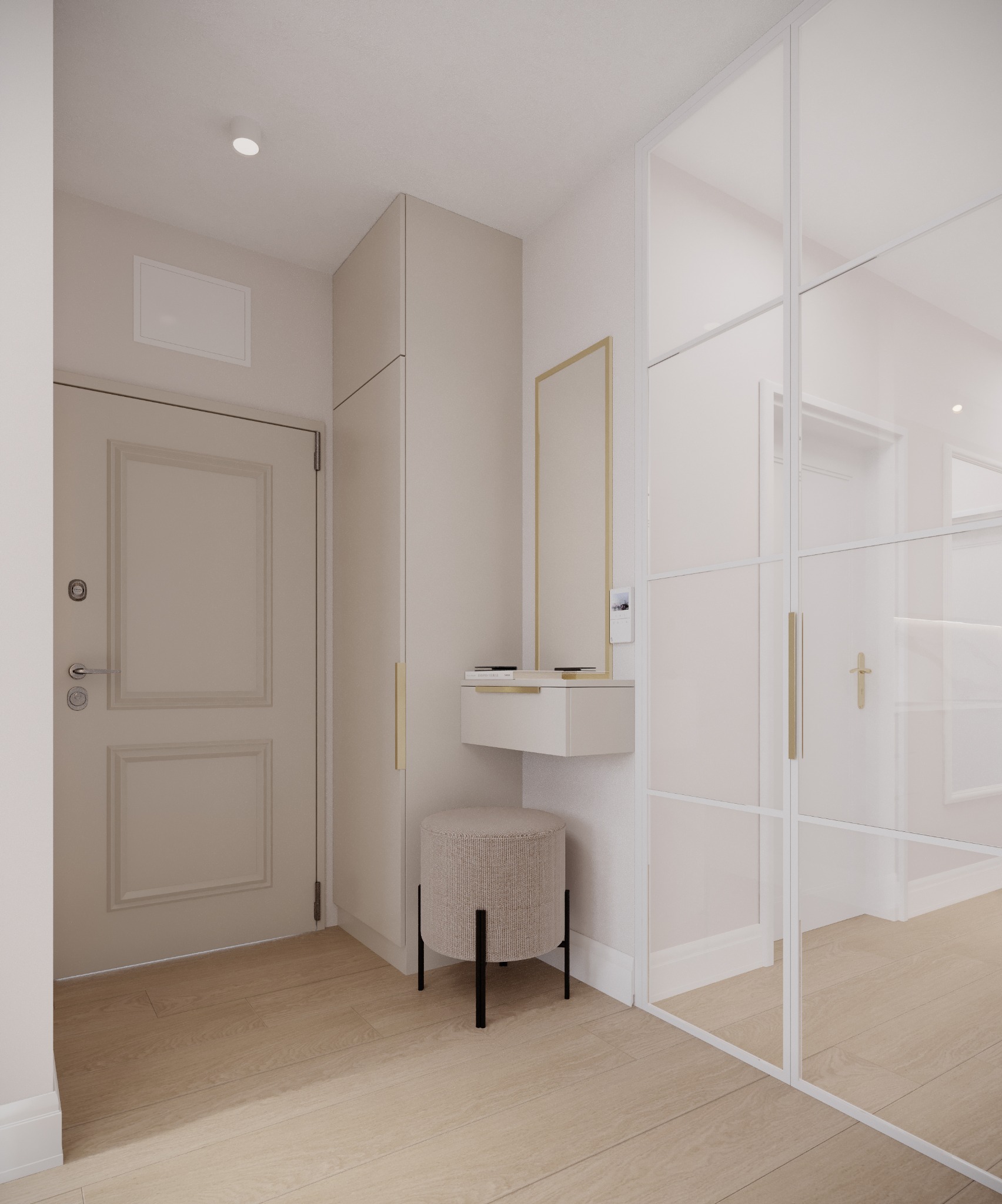 Beżowy przedpokój w stylu minimalistycznym: drzwi wejściowe, szafa, toaletka z lustrem i pufa. Całość utrzymana w jasnej tonacji z drewnianą podłogą.