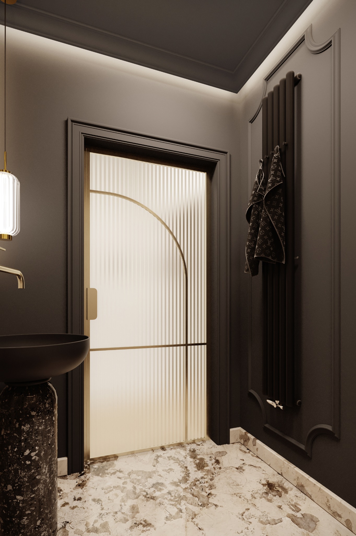 Stylowa łazienka w odcieniach szarości z marmurową posadzką i umywalką na postumencie. Dekoracyjna, złota lampa i grzejnik drabinkowy z ręcznikiem dodają elegancji.