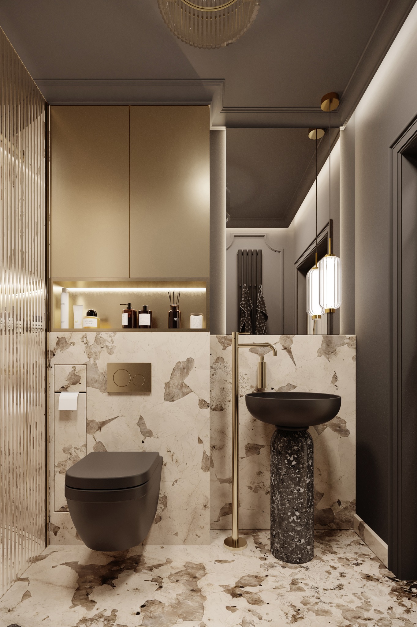 Nowoczesna łazienka w odcieniach beżu i szarości. Umywalka na postumencie z ciemnego kamienia, wisząca toaleta, złote akcenty i oświetlenie LED w półce.