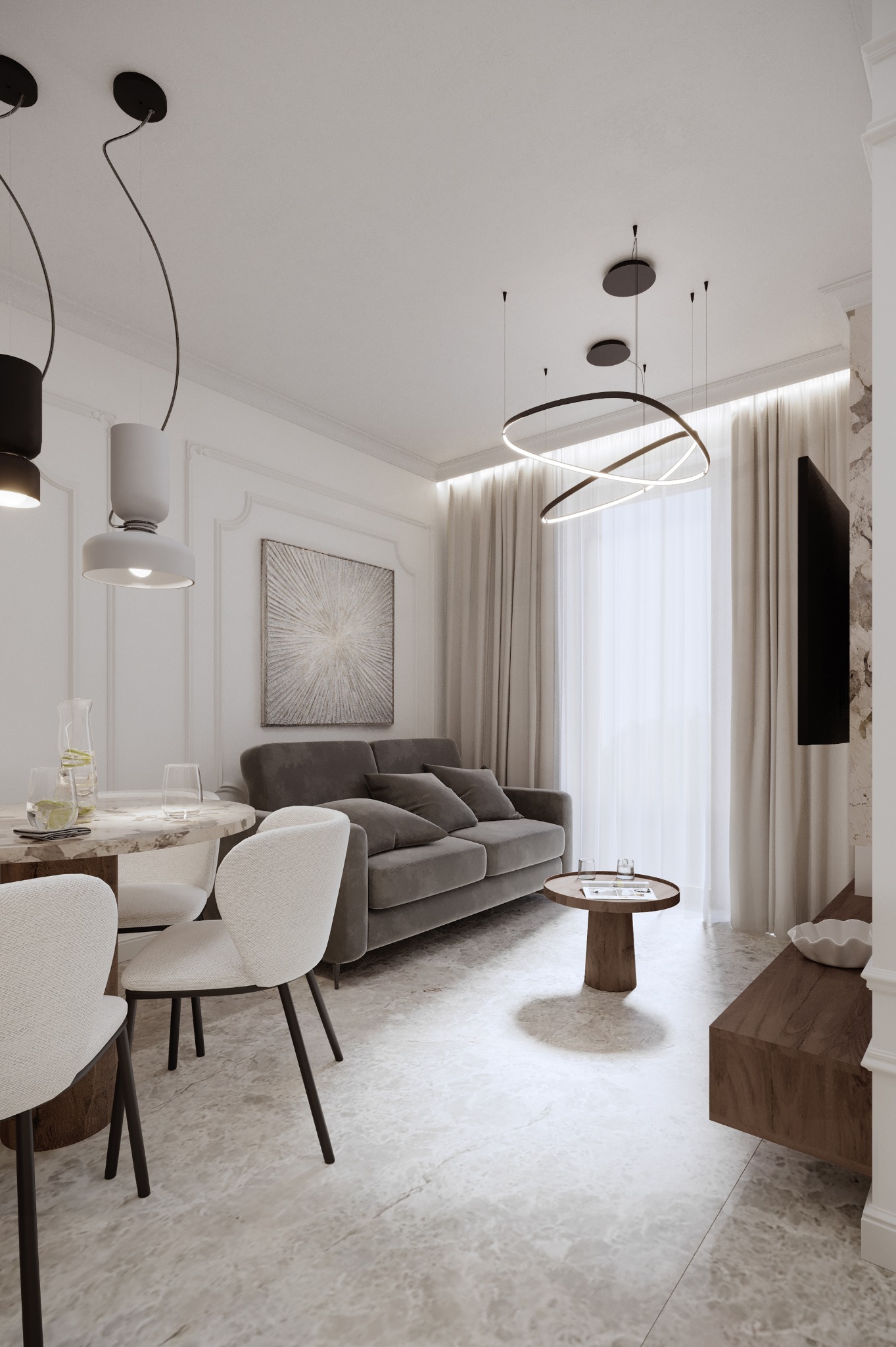 Jasne wnętrze mieszkania: szary sofa, okrągły stół z krzesłami, telewizor na ścianie. Minimalistyczny design z elementami dekoracyjnymi i subtelnym oświetleniem.