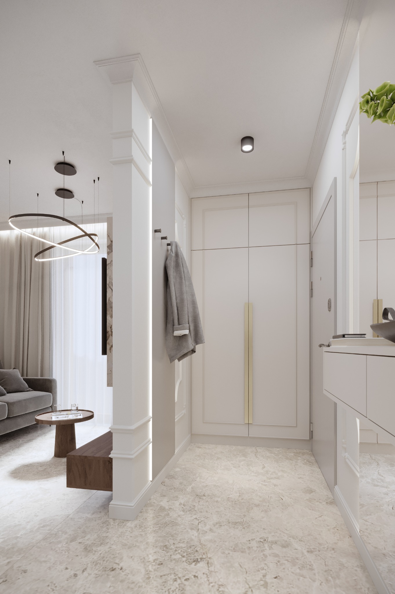 Elegancki hol z marmurową posadzką i wbudowaną szafą. Minimalistyczny design z akcentami złota, szarości i bieli. Nowoczesne oświetlenie i dekoracje.