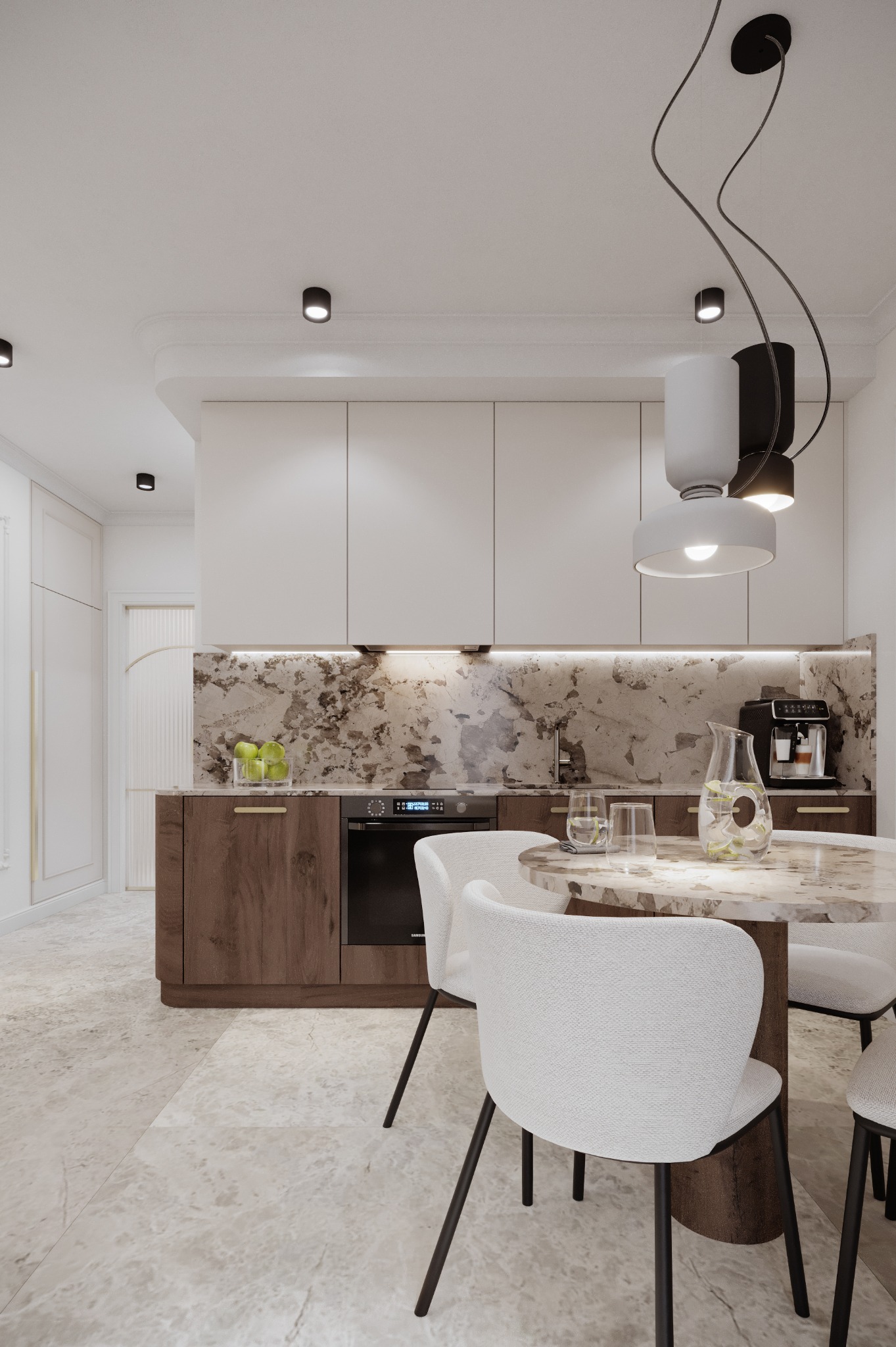 Elegancka kuchnia z marmurowym blatem, białymi szafkami i drewnianymi akcentami. Okrągły stół z białymi krzesłami, nowoczesne oświetlenie.