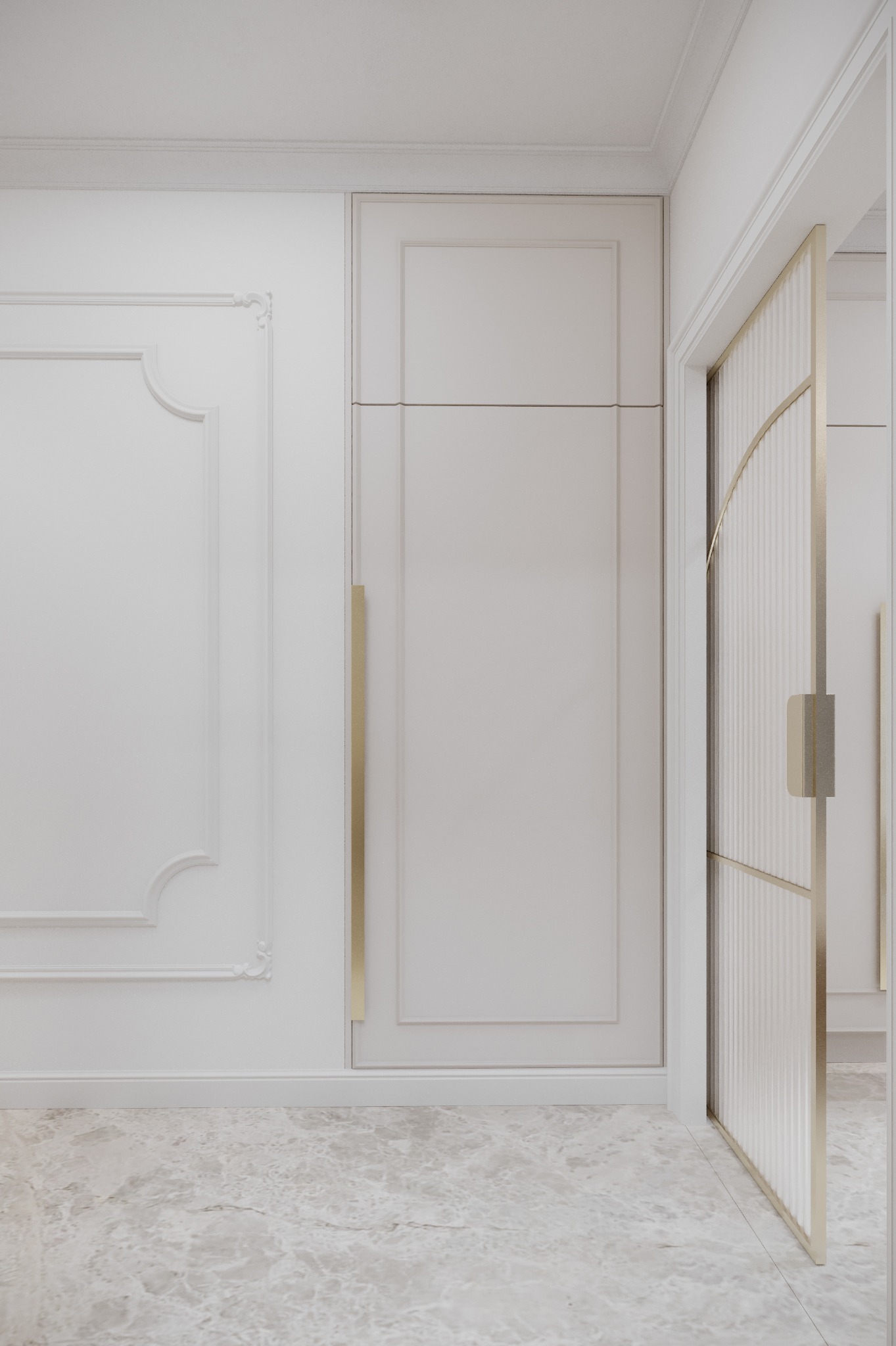 Elegancki hol w bieli: marmurowa podłoga, zdobiona ściana, szafa z złotym uchwytem i ażurowe drzwi z metalowymi akcentami, tworzące spójną, luksusową przestrzeń.