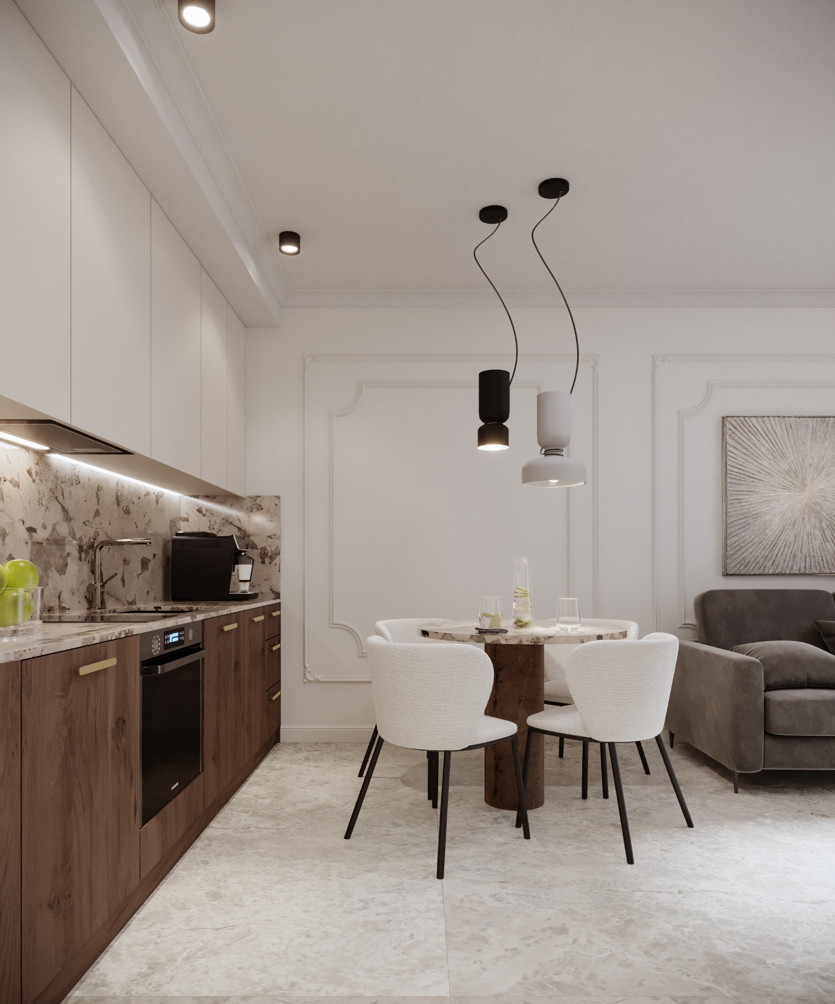 Elegancka aranżacja kuchni z jadalnią: drewniane szafki, marmurowy blat, okrągły stół z krzesłami i designerskie lampy wiszące. Minimalistyczny wystrój z elementami sztuki.