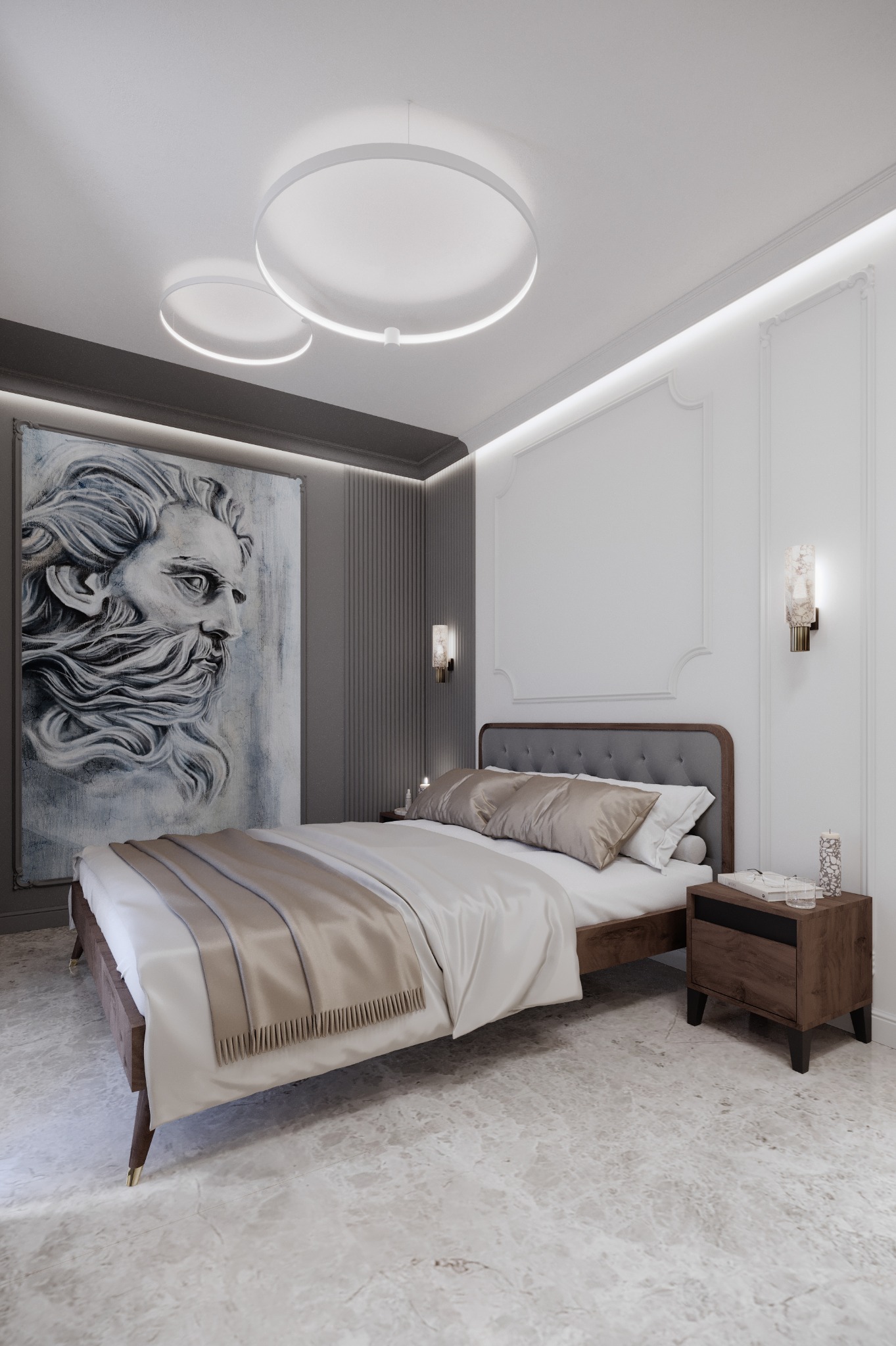 Elegancka sypialnia z łóżkiem, obrazem z profilem mężczyzny, marmurową podłogą i okrągłymi lampami sufitowymi.