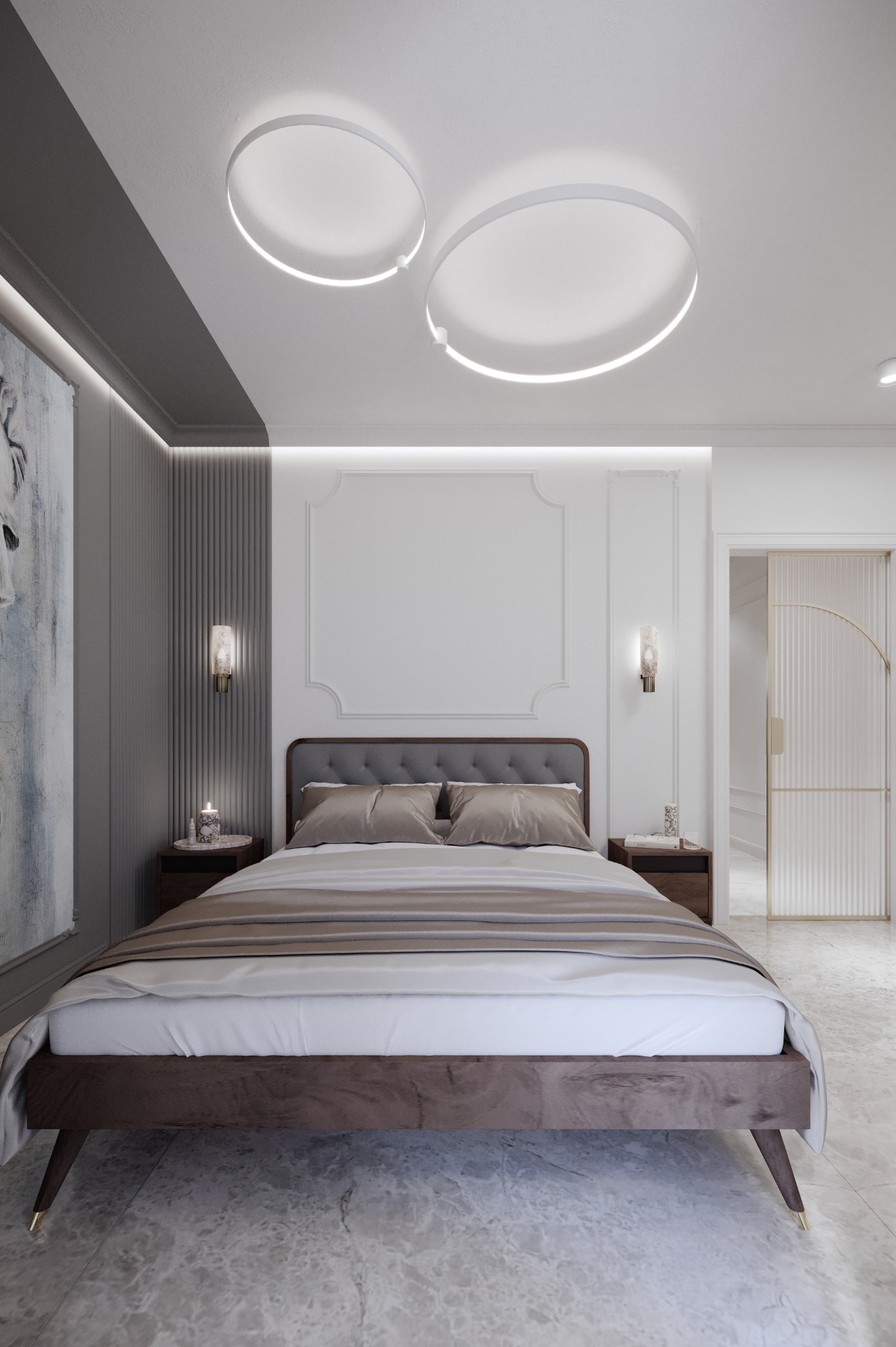 Elegancka sypialnia z łóżkiem małżeńskim, dwoma stolikami nocnymi i oryginalnym oświetleniem sufitowym w kształcie okręgów. Minimalistyczny design z akcentami w stylu glamour.
