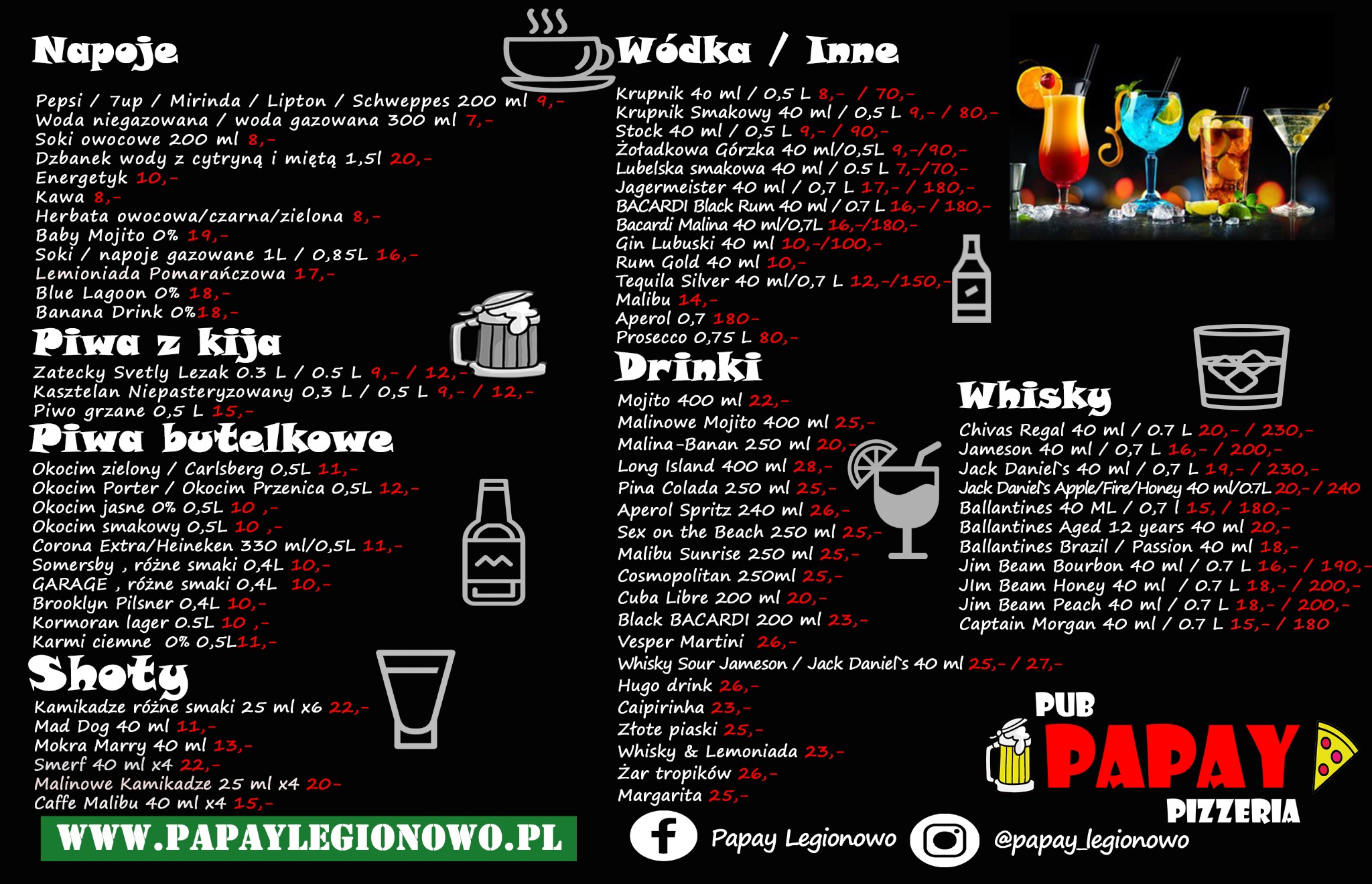Menu drinków i napojów z cenami w restauracji Papay Legionowo, z kolorowymi drinkami w kieliszkach na górze.