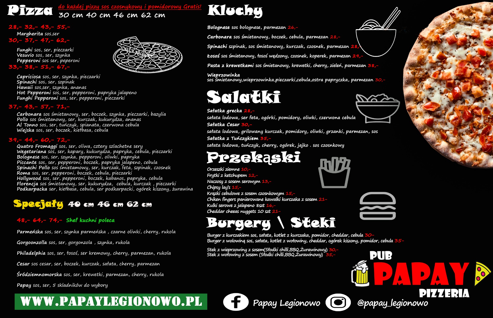 Menu restauracji Papay Legionowo z ofertą pizzy, kluch, sałatek, przekąsek, burgerów i steków, z podanymi cenami i składnikami.