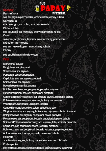 Menu pizzerii Papay w Legionowie, czarne tło z białym tekstem prezentuje listę pizz z różnymi składnikami, logo pizzerii w rogu. Widoczny numer telefonu do dostawy: 517 372 788.