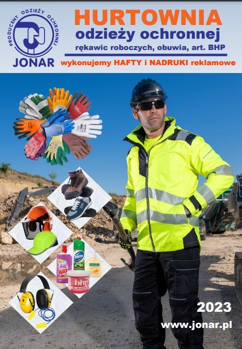 Mężczyzna w neonowej kurtce roboczej, czarnych spodniach i kasku na tle budowy; oferta hurtowni odzieży ochronnej, rękawic, obuwia i artykułów BHP, widoczne również rękawice, buty robocze, kask...